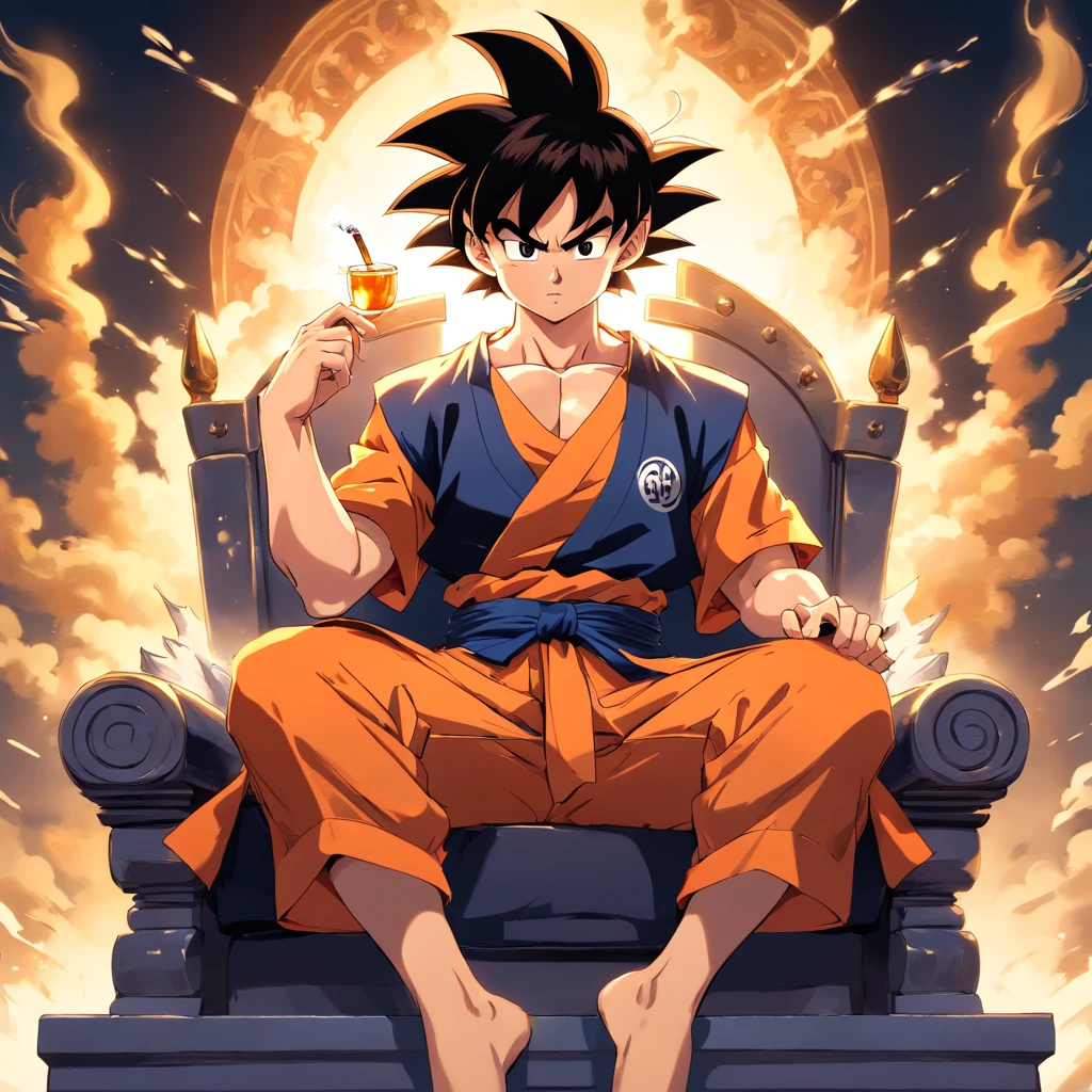 Goku usando um terno social preto, sitting on a royal throne with a cigarette in his hand, serious look, expression serious, incredible details, nuvens amarelas ao fundo