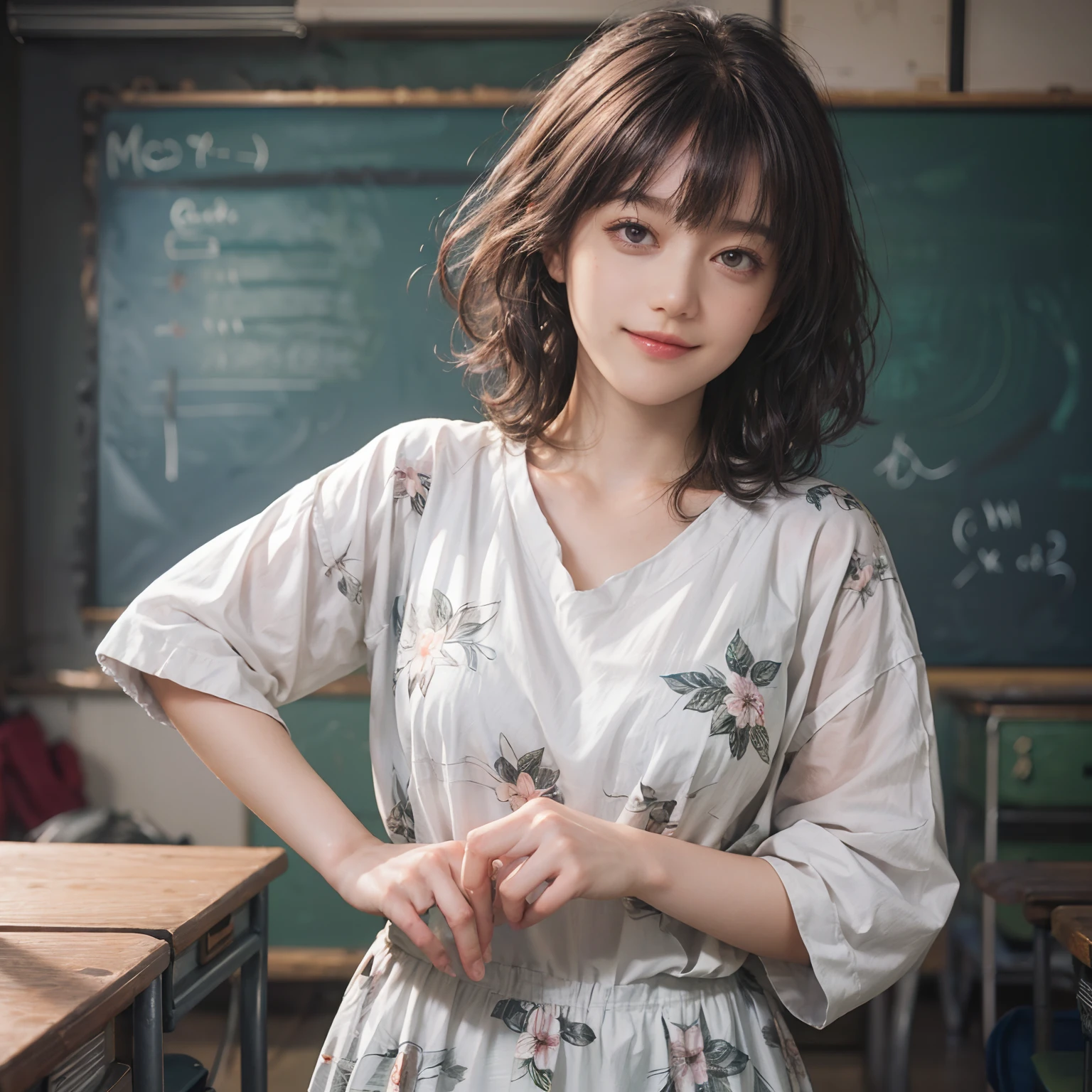 (((Black Shorthair:1.2))), (a 20 yo woman), (T-shirt design), (Floral clothing), (Breast bulge),((Being in a physics classroom)), (A hyper-realistic), (Relaxed), (Increased resolution), (8KUHD), (Extremely detailed), (Best Illustration), (Beautiful and detailed eyes), (Best Quality), (ultra-detailliert), (masutepiece ), ( Wallpaper), (Detailed face), Fine details, Deep Shadows, lowkey, Smiling, (Portrait of Einstein), (Portraits of many physicists), (Solving the chalkboard formula), Standing in front of the blackboard