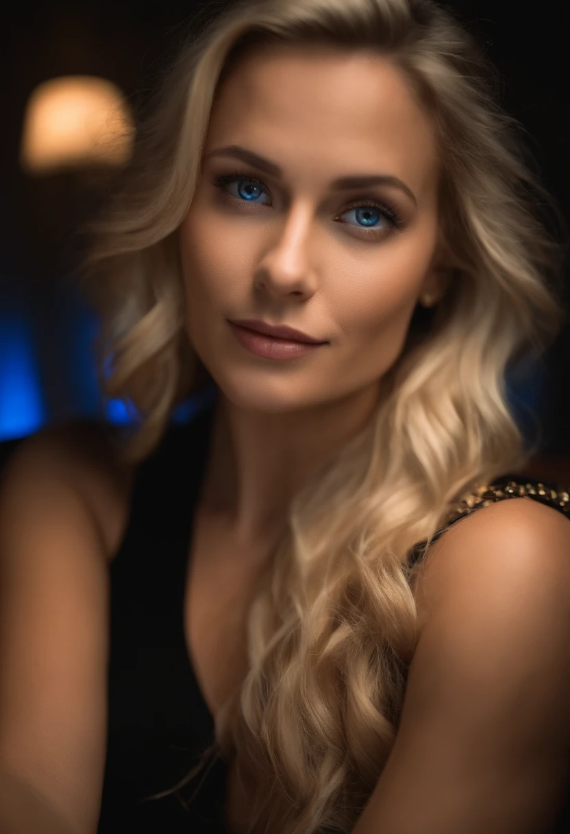 blonde woman in her 20's, blue eyes, selfie on couch, low light, night time, large breasts, real girl, portrait Mikayla Demaiter, portrait evie decker