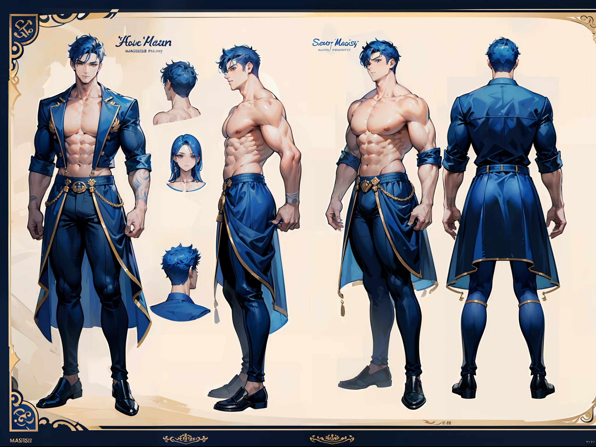 ((Masterpiece, Highest quality)), Detailed face, character design sheet, full bodyesbian, Full of details, frontal body view, back body view, Highly detailed, Depth, Many parts, Muscle boy with blue hair,handsome man, navy, commander, man tall, pectoral muscles, abs