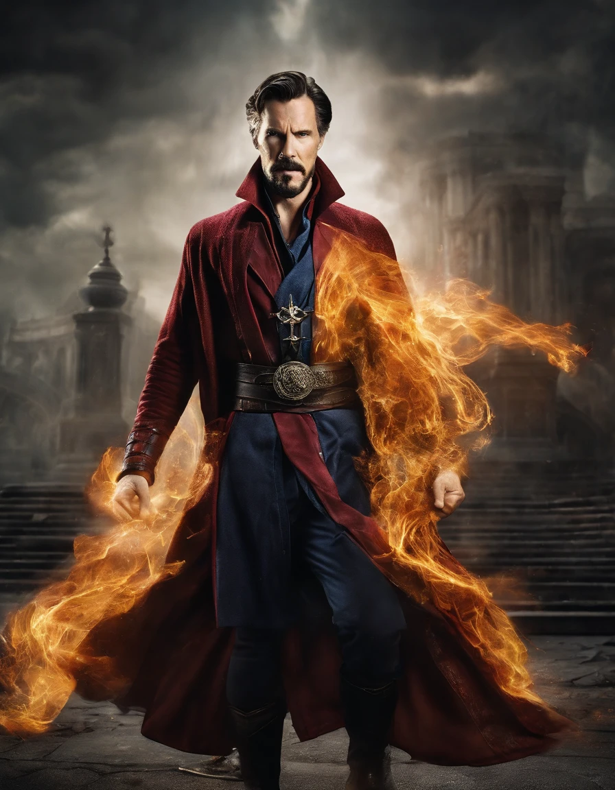 ultra-detailed realistic photograph with ultra-HD 8k resolution of Marvel's Doctor Strange character summoning his Mystical powers with his hands wearing his classic 616 terrra uniform.