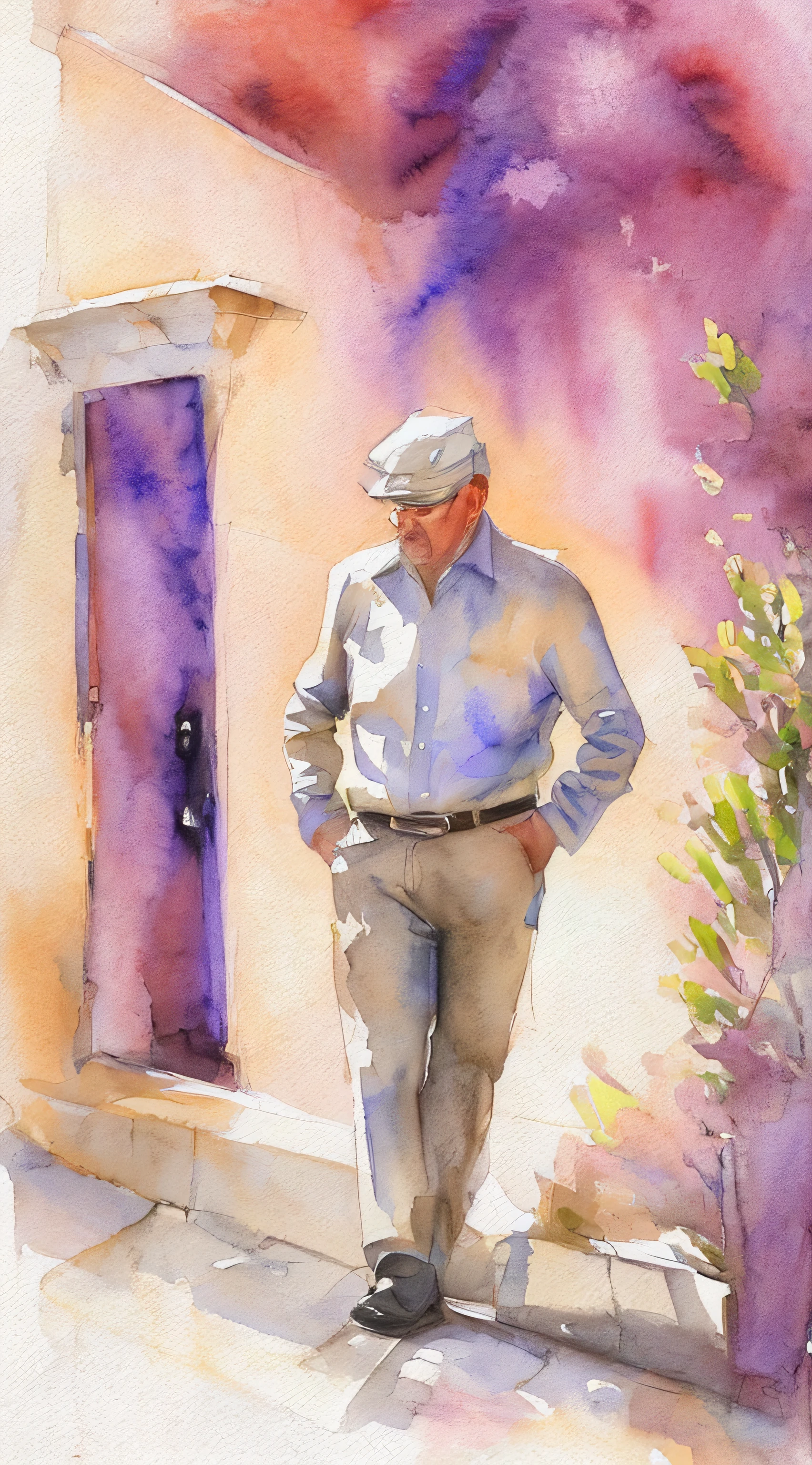Homem, 50 anos, Pintura aquarela delicada, Romantic watercolor, Artista apaixonado, art-station, Smoothness in high definition, Soft and romantic colors, luz natural suave, Lente macro para detalhes sutis, Perspectiva delicada