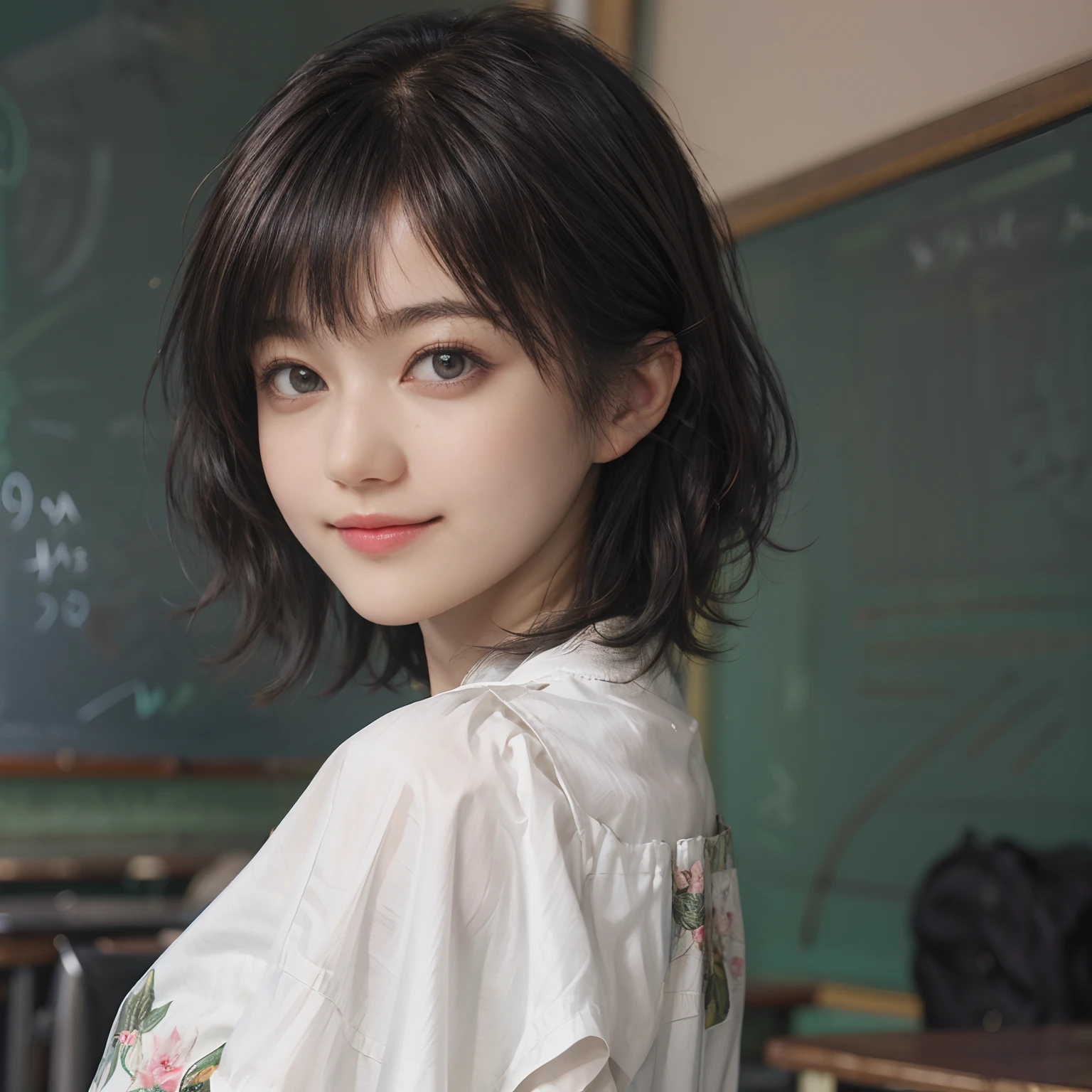 (((Black Shorthair:1.2))), (a 20 yo woman), (T-shirt design), (Floral clothing), (Breast bulge),((Being in a physics classroom)), (A hyper-realistic), (Relaxed), (Increased resolution), (8KUHD), (Extremely detailed), (Best Illustration), (Beautiful and detailed eyes), (Best Quality), (ultra-detailliert), (masutepiece ), ( Wallpaper), (Detailed face), Fine details, Deep Shadows, lowkey, Smiling, (Portrait of Einstein), (Portraits of many physicists), (Solving the chalkboard formula), Standing in front of the blackboard