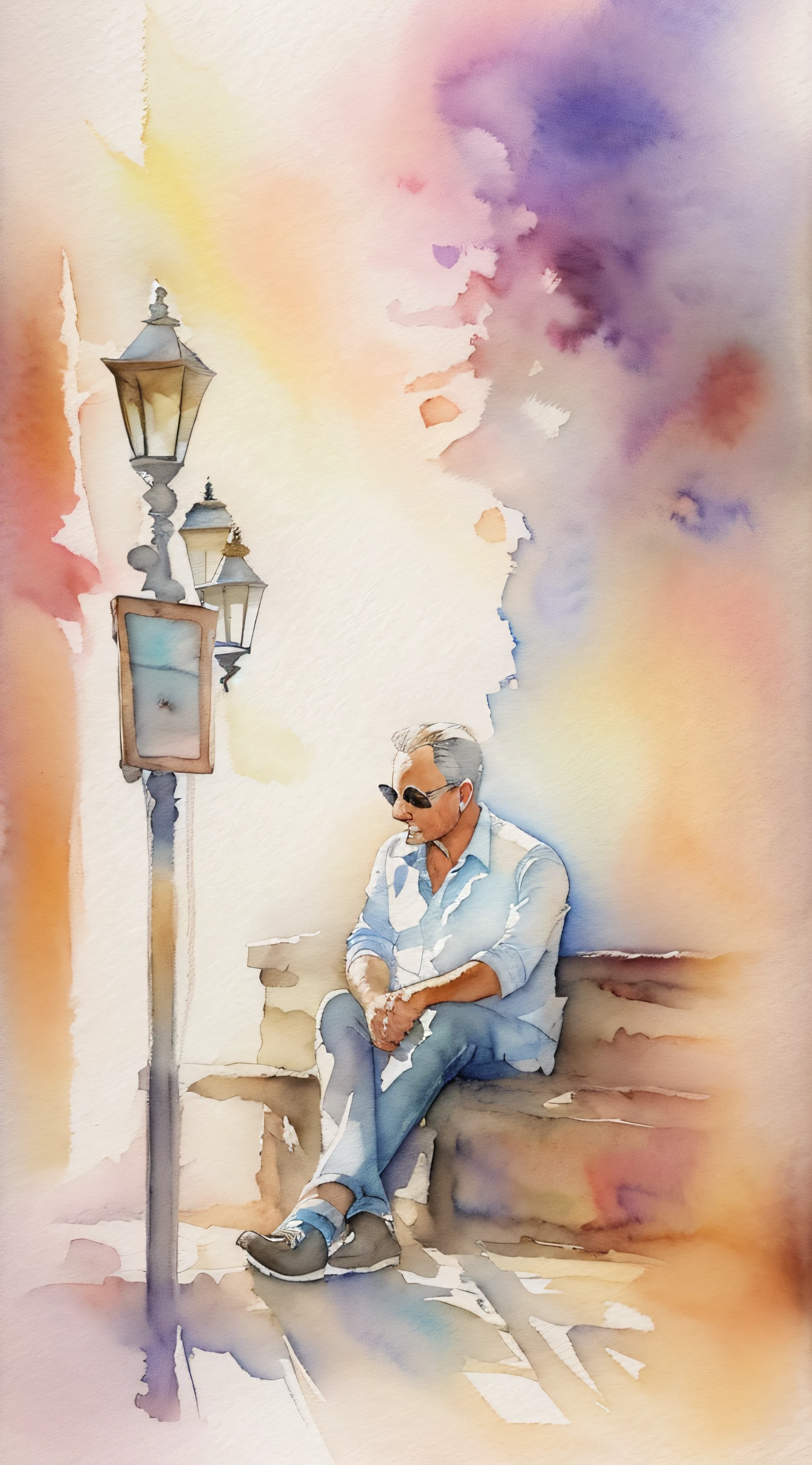 Homem, 50 anos, Pintura aquarela delicada, Romantic watercolor, Artista apaixonado, art-station, Smoothness in high definition, Soft and romantic colors, luz natural suave, Lente macro para detalhes sutis, Perspectiva delicada