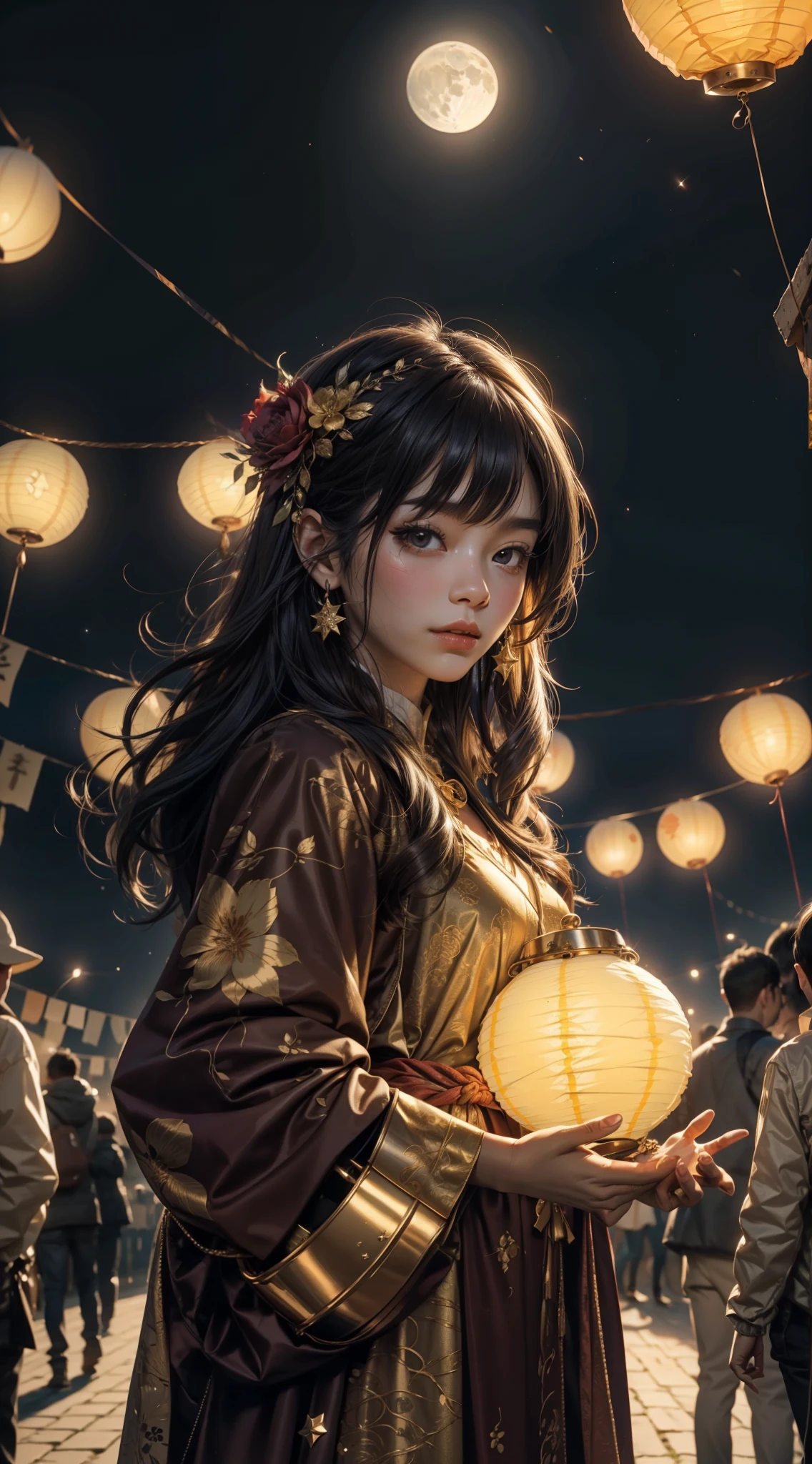 (max resolution: 1.2), (Ultra HDTV: 1.2), 8K resolution, Eye and skin details, face details, , (Sharp focus: 1.2), (Precise focus) sharp face: 1.2), Girl standing in the sky, flying flower lanterns, Mid-Autumn Festival, Ancient costume, (long hair), Black hair, Sky full of stars, flying lanterns in the sky, flying lanterns, holding moon cake