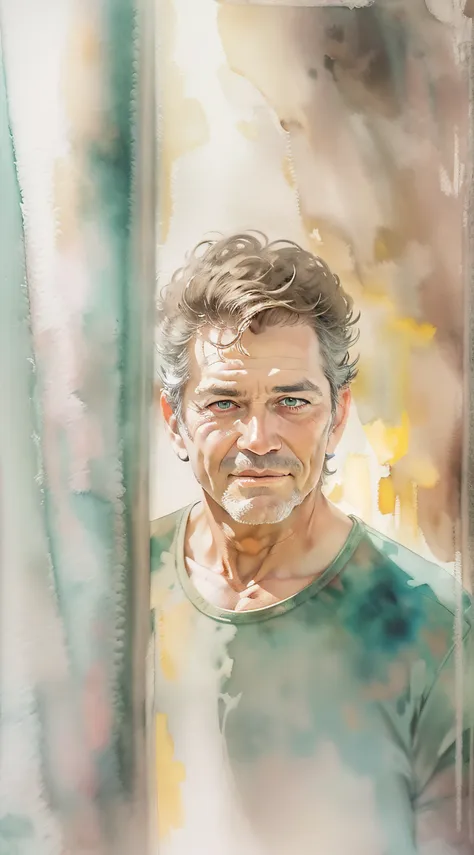 homem, 50 anos, pintura aquarela delicada, romantic watercolor, artista apaixonado, art-station, smoothness in high definition, ...