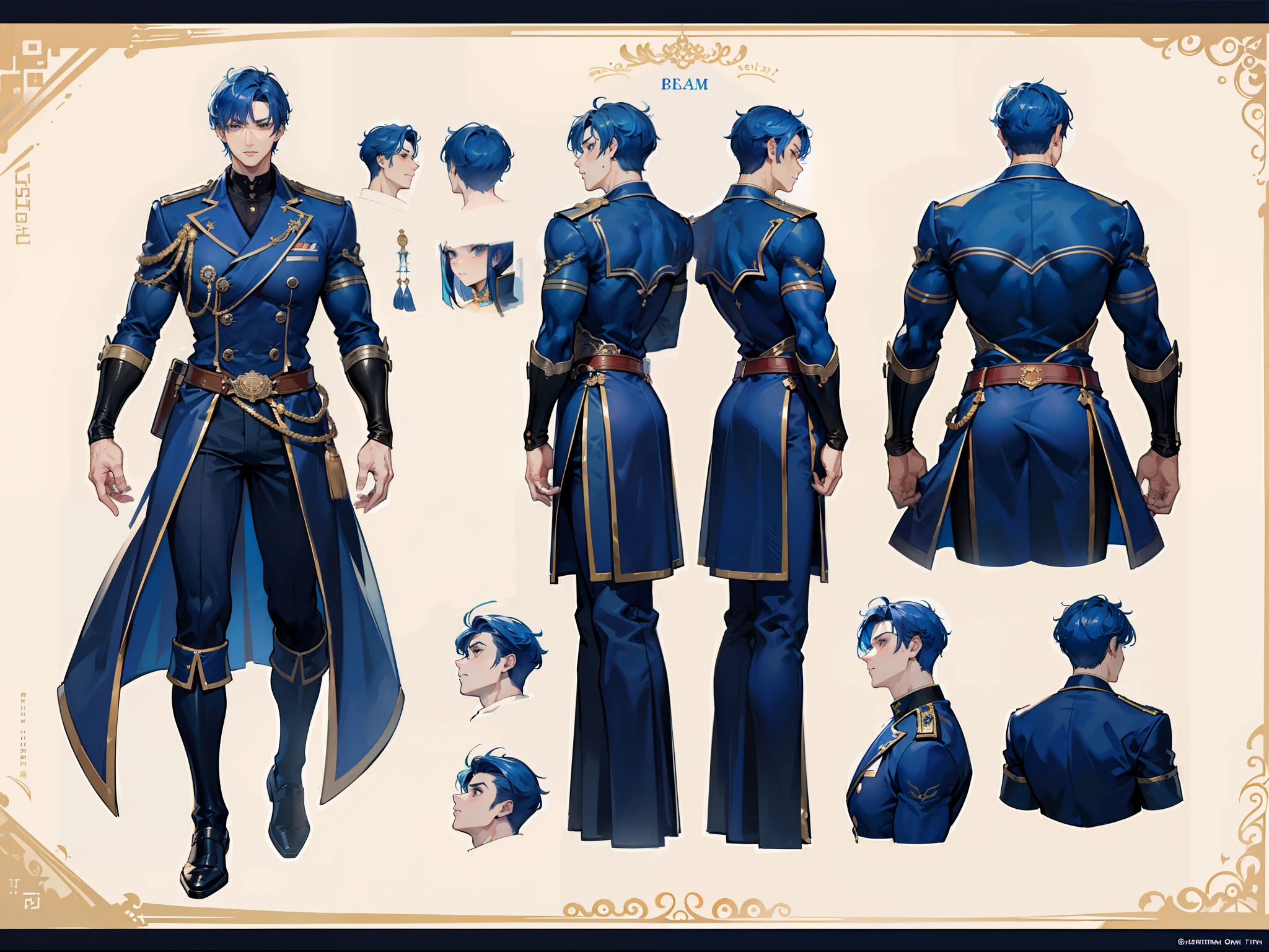 ((Masterpiece, Highest quality)), Detailed face, character design sheet, full bodyesbian, Full of details, frontal body view, back body view, Highly detailed, Depth, Many parts, Muscle boy with blue hair,handsome man, navy, commander, man tall