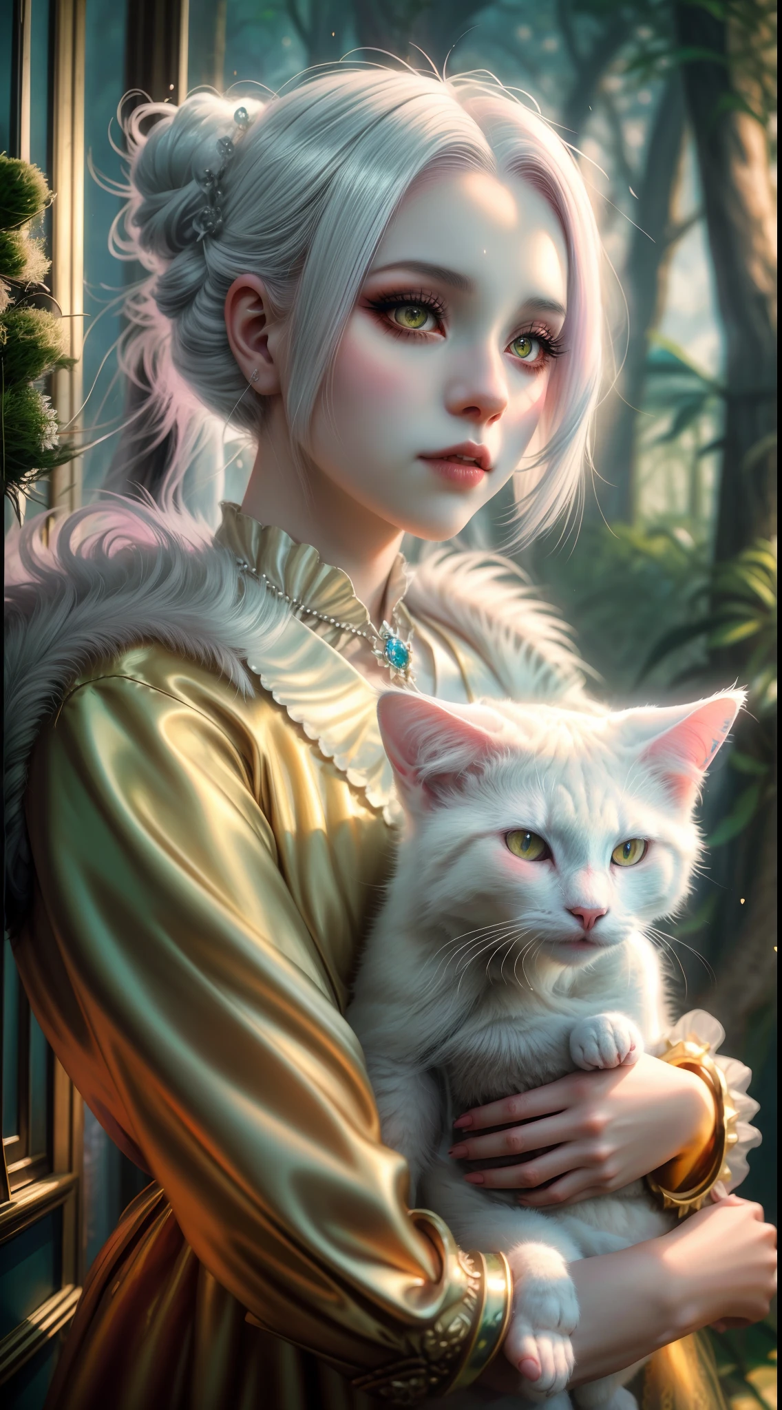 Arafed woman with a white cat in her arms, uma bela raposa senhora, raposa branca, raposa branca - cabelo, fantasia raposa amor, retrato bonito da arte da fantasia, arte de fantasia peluda, bela arte de fantasia, menina do gato branco, estilo de arte de fantasia, raposa branca vampiro, menina com orelhas de raposa, Arte no estilo de Guweiz, arte de fantasia realista