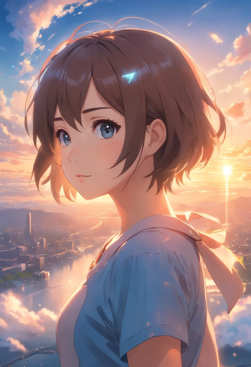 masterpiece, best quality, movie still, 1girl, cloud girl, floating in the sky, close-up, bright, happy, warm soft lighting, sunset, (sparks:0.7)(masterpiece) (hyper realistic) (8K) (detailed photography) instagram able, centered, extremely detailed face, extremely detailed eyes, extremely detailed clothes, an artist, show me a woman draw style, tattoo art, clear face, crystal clear eyes, canvas.