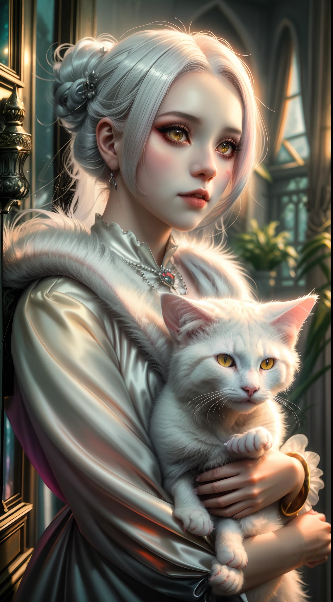 Arafed woman with a white cat in her arms, uma bela raposa senhora, raposa branca, raposa branca - cabelo, fantasia raposa amor, retrato bonito da arte da fantasia, arte de fantasia peluda, bela arte de fantasia, menina do gato branco, estilo de arte de fantasia, raposa branca vampiro, menina com orelhas de raposa, Arte no estilo de Guweiz, arte de fantasia realista