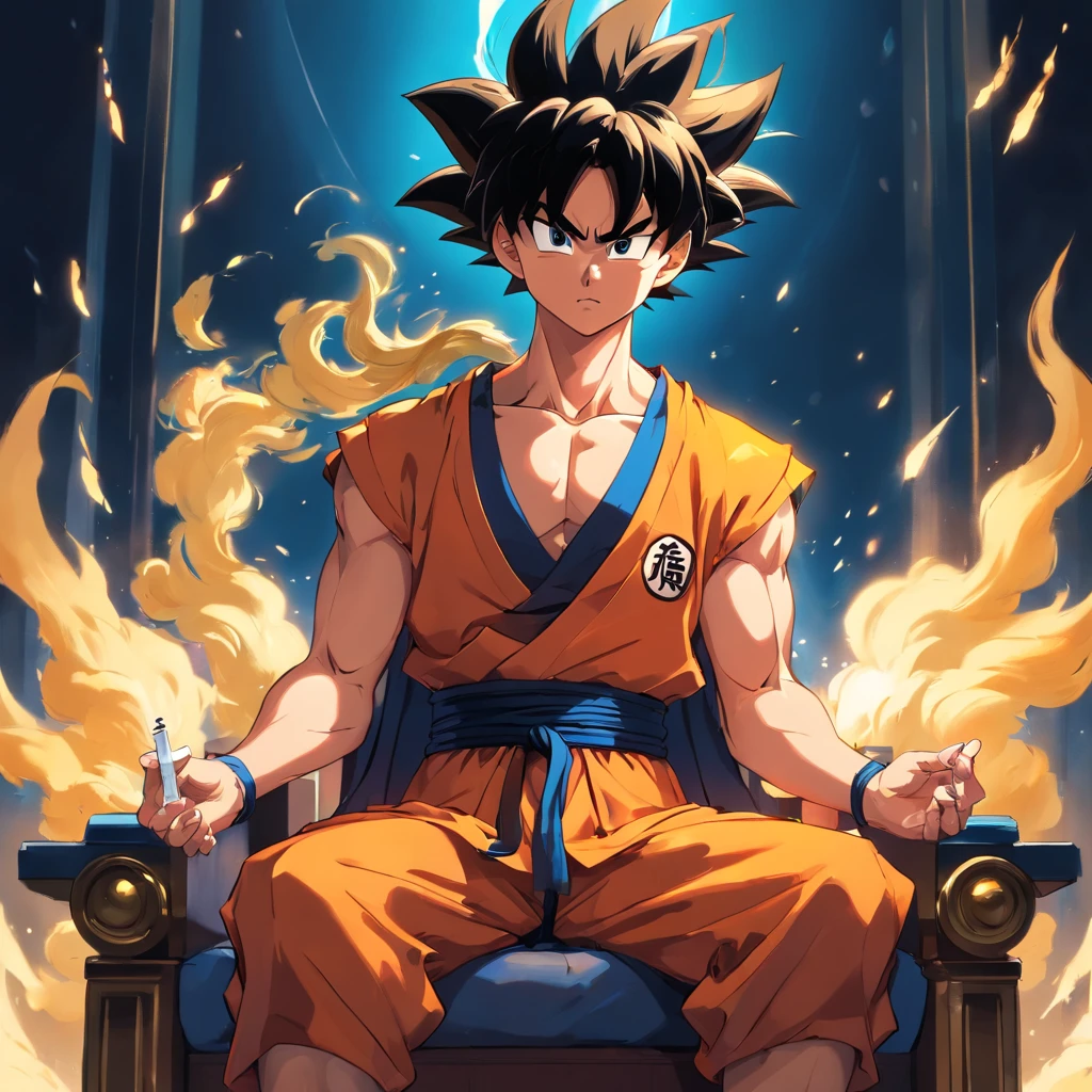 Goku usando um terno social preto, sitting on a royal throne with a cigarette in his hand, serious look, expression serious, incredible details, nuvens amarelas ao fundo