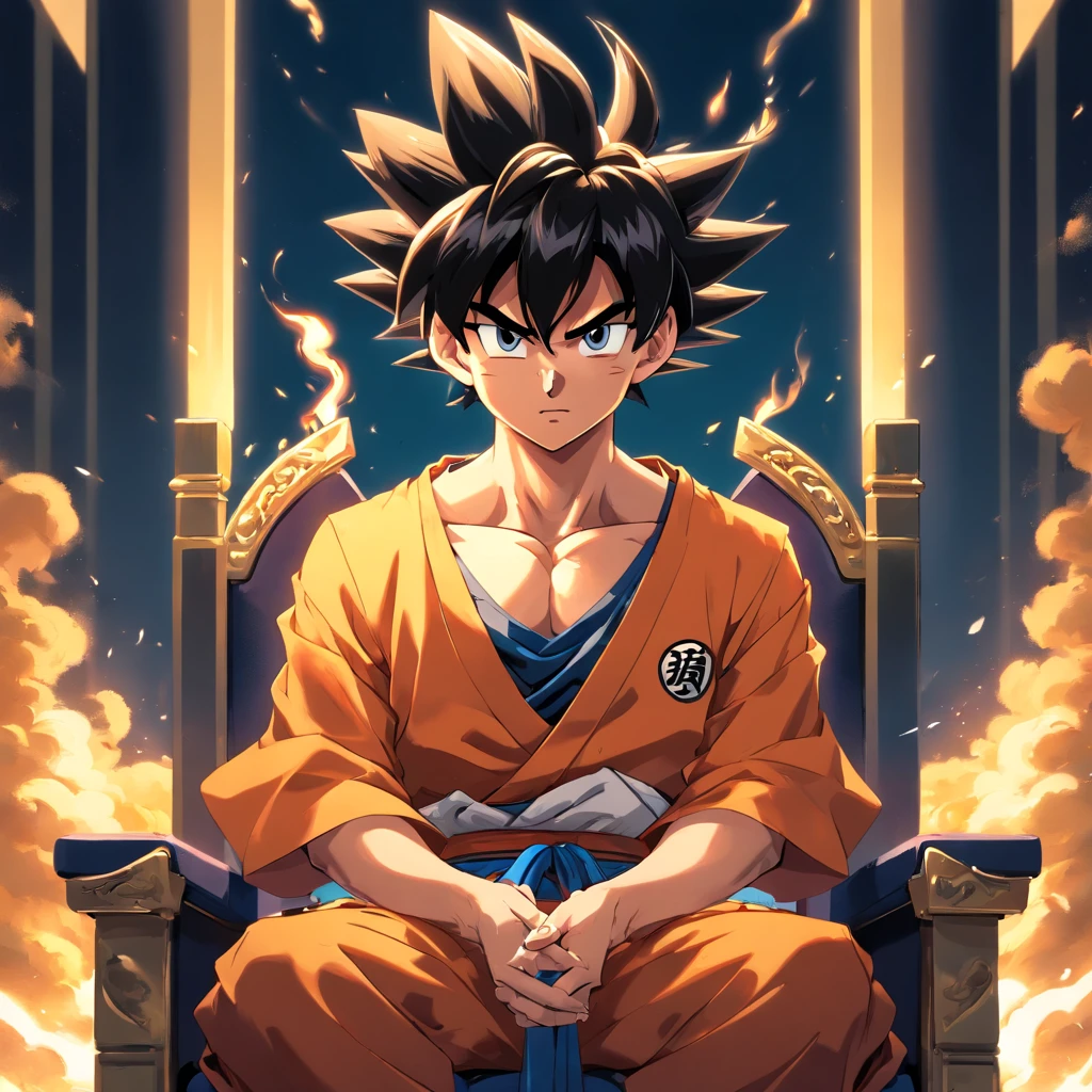 Goku usando um terno social preto, sitting on a royal throne with a cigarette in his hand, serious look, expression serious, incredible details, nuvens amarelas ao fundo