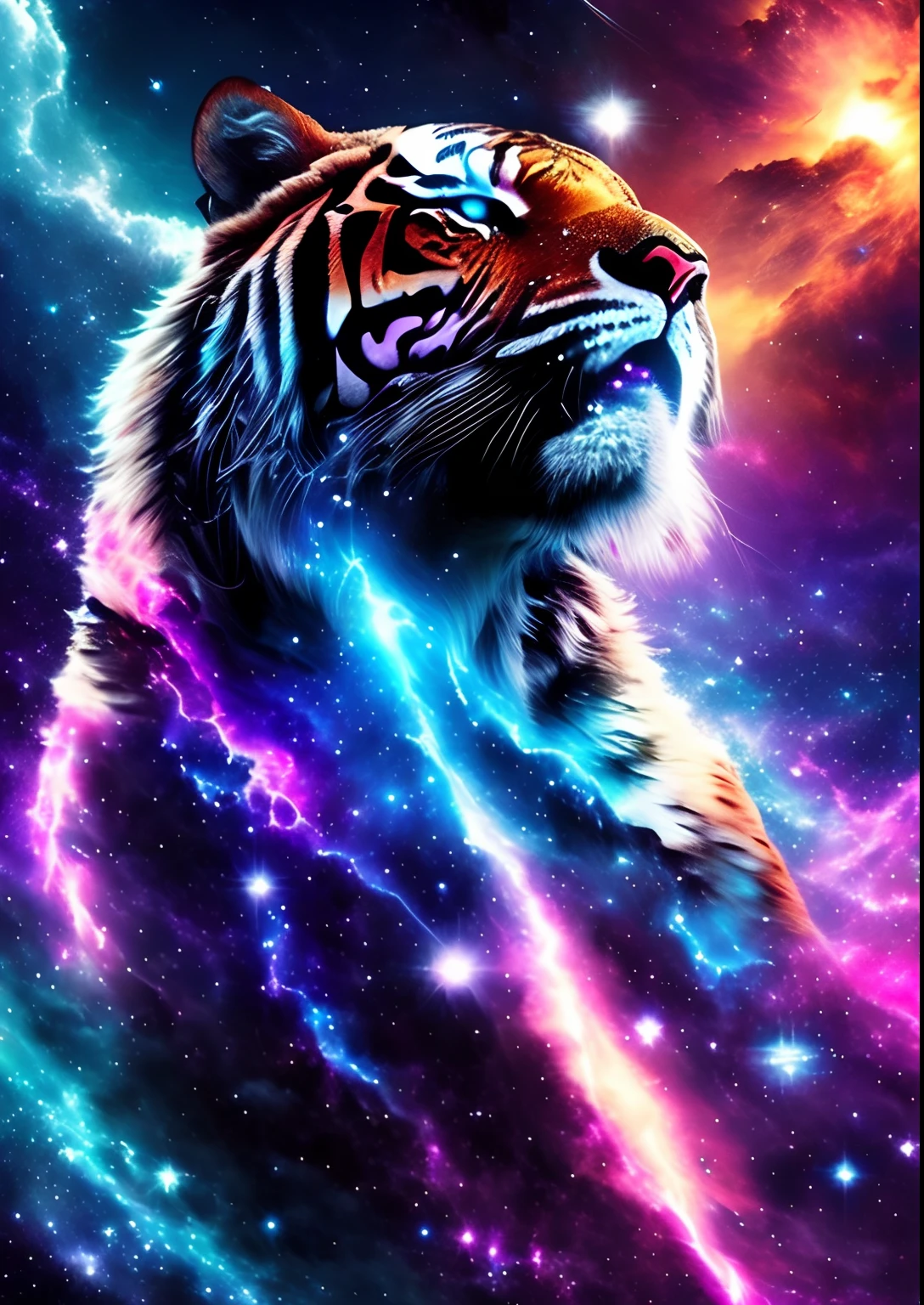 dreamlikeart, galaxy, outer space, nebula, star, [cyberpunked] Cloud tiger from the stars. (star:1.5),