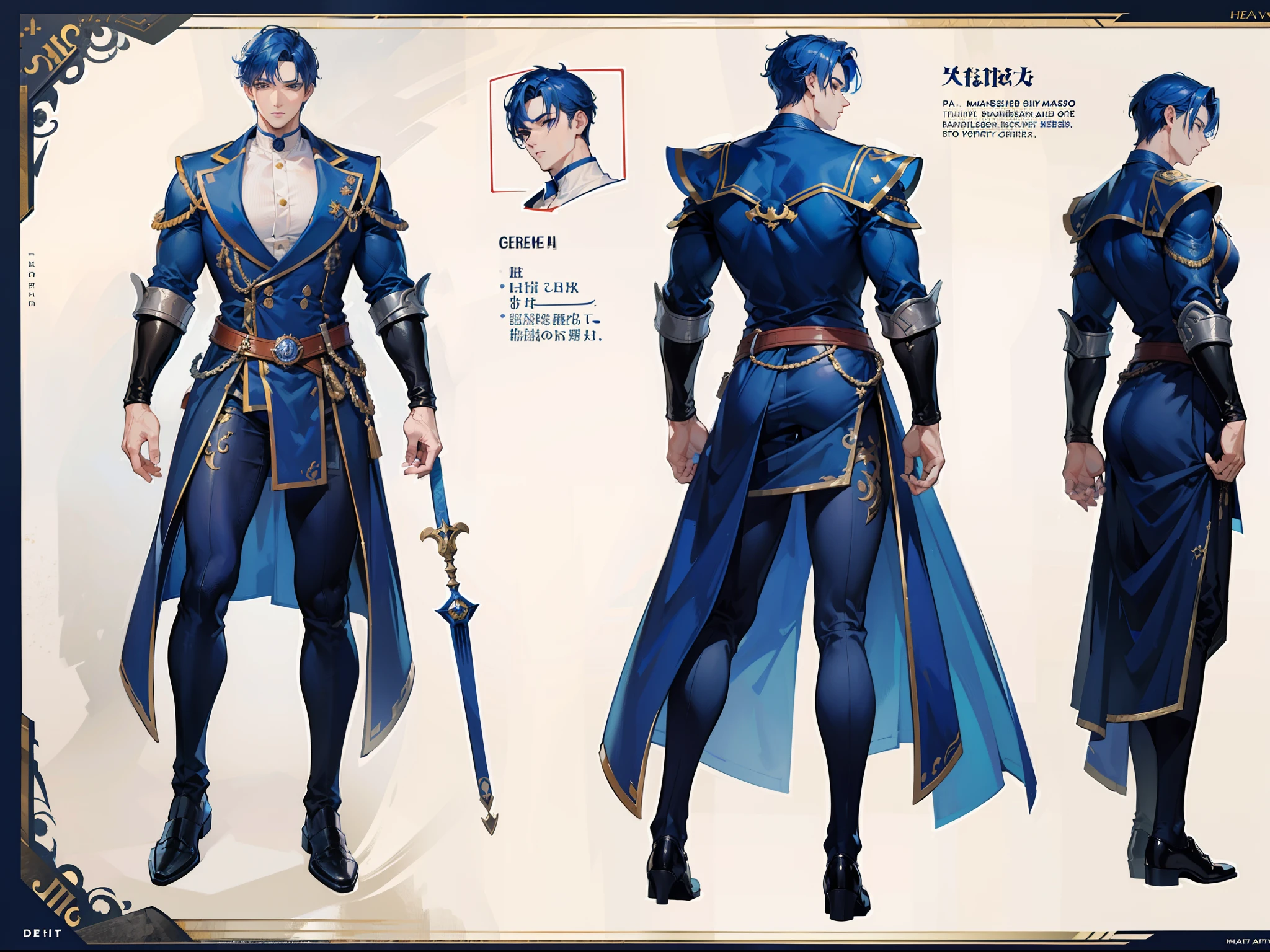 ((Masterpiece, Highest quality)), Detailed face, character design sheet, full bodyesbian, Full of details, frontal body view, back body view, Highly detailed, Depth, Many parts, Muscle boy with blue hair,handsome man, navy, commander, man tall