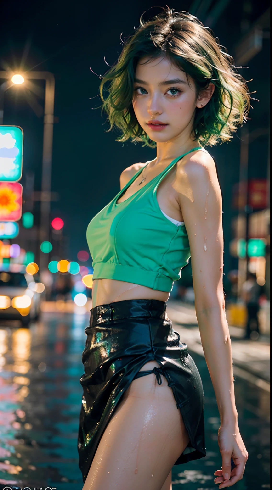 girl youtuber,(((1girl))),((extremely cute and beautiful green curly-haired girl)),
(short breasts:1.4),big butt,(((green curly hair:1.35,very curly hair,colored inner hair,ear breathing,short hair))),(((green_eyes:1.3))),intricate eyes,beautiful detailed eyes,symmetrical eyes,big eyes:1.3,((fat)),(((lustrous skin:1.5,bright skin: 1.5,skin tanned,shiny skin,very shiny skin,shiny body,plastic glitter skin,exaggerated shiny skin,illuminated skin,wet legs))),detailed body,(detailed face),
cute,slutty,seductive,erotic,(((nsfw))),
zettai ryouiki,revealing clothing,show skin,((rave mini-skirt,visible thong straps,white loose tank top with an anime art print)),((wet clothes,intricate outfit,intricate clothes)),
(dynamic pose:1.0),embarrassed,(centered,scale to fit dimensions,Rule of thirds),
cyberpunk city by the ocean at night, with bright neon signs and dark stormy clouds and puddles, scenery:1.25,
artistic photography,(photography taken by sldr),highres, sharp focus, (ultra detailed, extremely detailed), (photorealistic artwork:1.37),(extremely detailed CG unity 8k wallpaper),((synthwave background theme)),(((vibrant colors))),(intricate background),(masterpiece),(best quality),