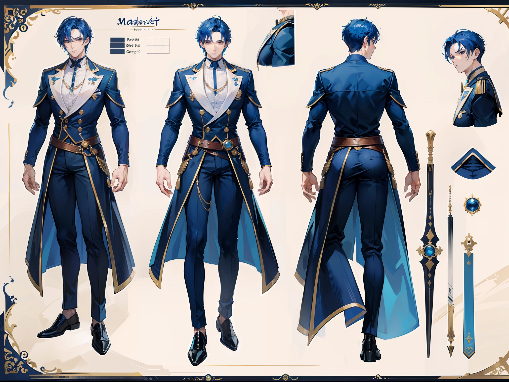 ((Masterpiece, Highest quality)), Detailed face, character design sheet, full bodyesbian, Full of details, frontal body view, back body view, Highly detailed, Depth, Many parts, Muscle boy with blue hair,handsome man, navy, commander, man tall