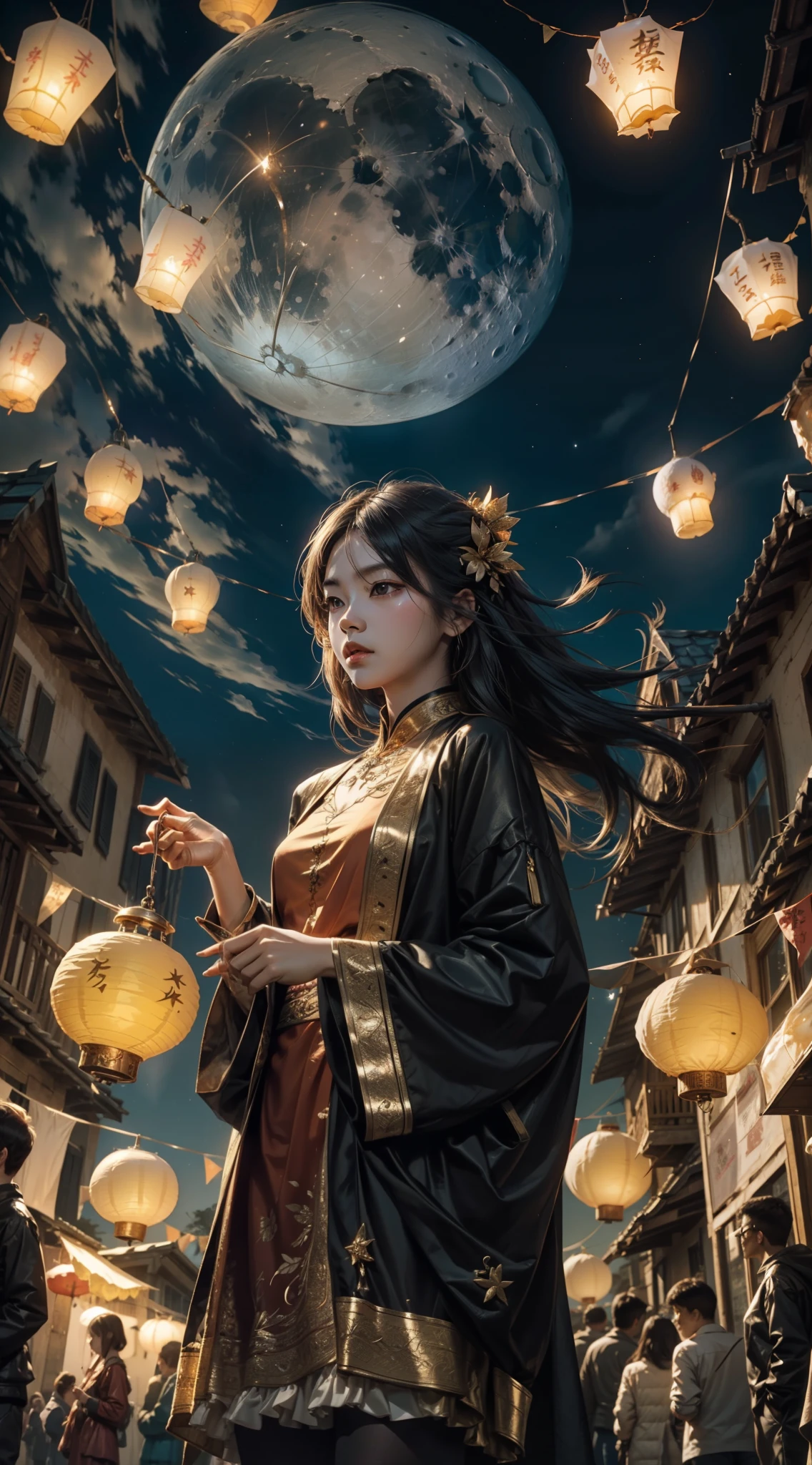 (max resolution: 1.2), (Ultra HDTV: 1.2), 8K resolution, Eye and skin details, face details, , (Sharp focus: 1.2), (Precise focus) sharp face: 1.2), Girl standing in the sky, flying flower lanterns, Mid-Autumn Festival, Ancient costume, (long hair), Black hair, Sky full of stars, flying lanterns in the sky, flying lanterns, holding moon cake