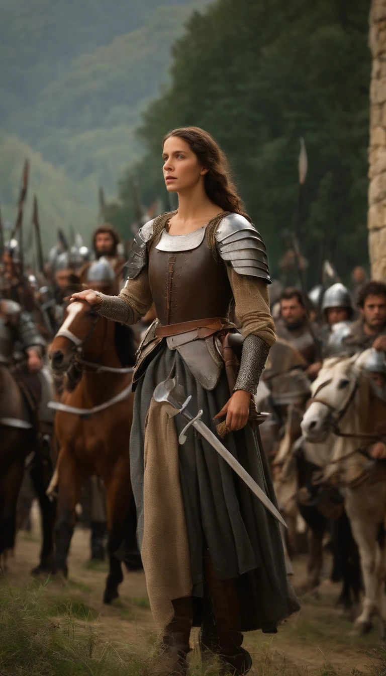 Juana de Arco, a teenage French peasant, clad in makeshift armor, leads her troops in the midst of the Hundred Years' War against English occupation. Her determined expression shines through as divine voices guide her path. A hyper-realistic, photo-realistic cinematography captures the moment in a 9:16 frame. --ar 2:3 --v 5.0 -