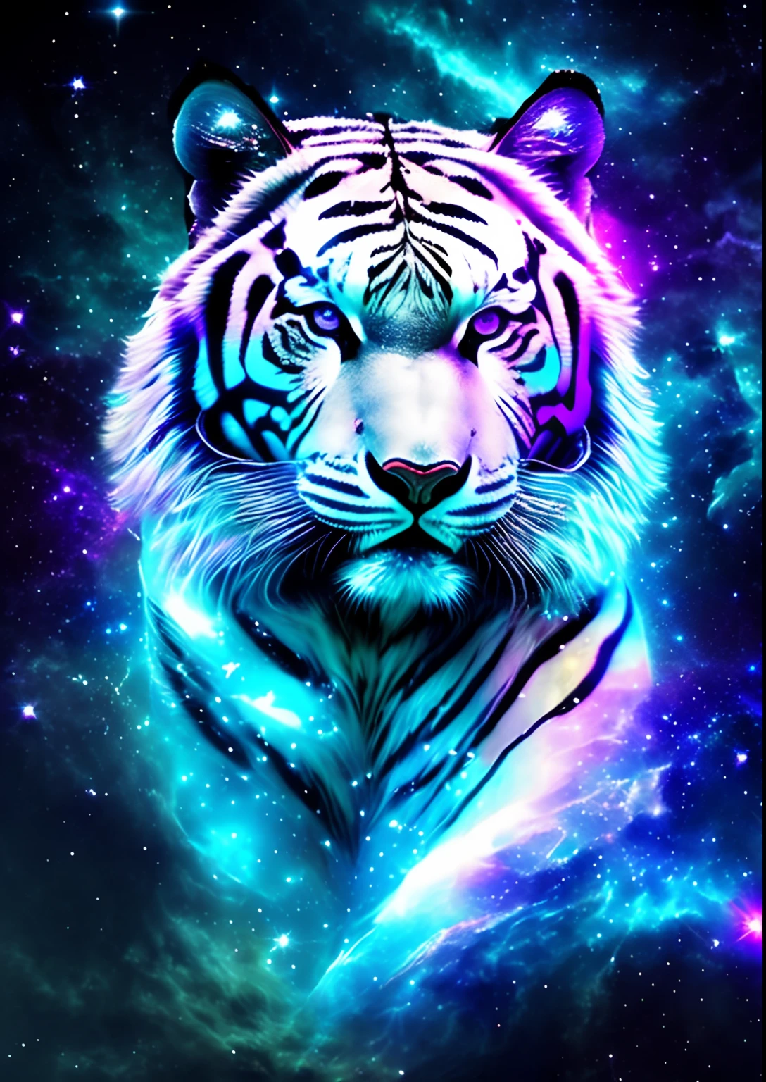 dreamlikeart, galaxy, outer space, nebula, star, [cyberpunked] White tiger from the stars.. (star:1.5),