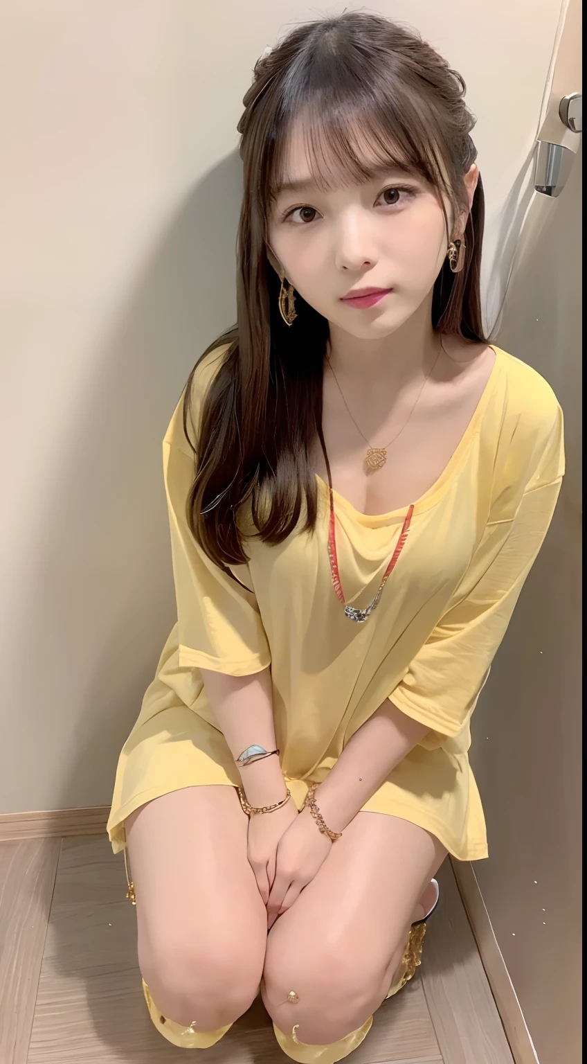 black hair girl wearing yellow NSFW outfit sitting in bedroom ,ultra realistic