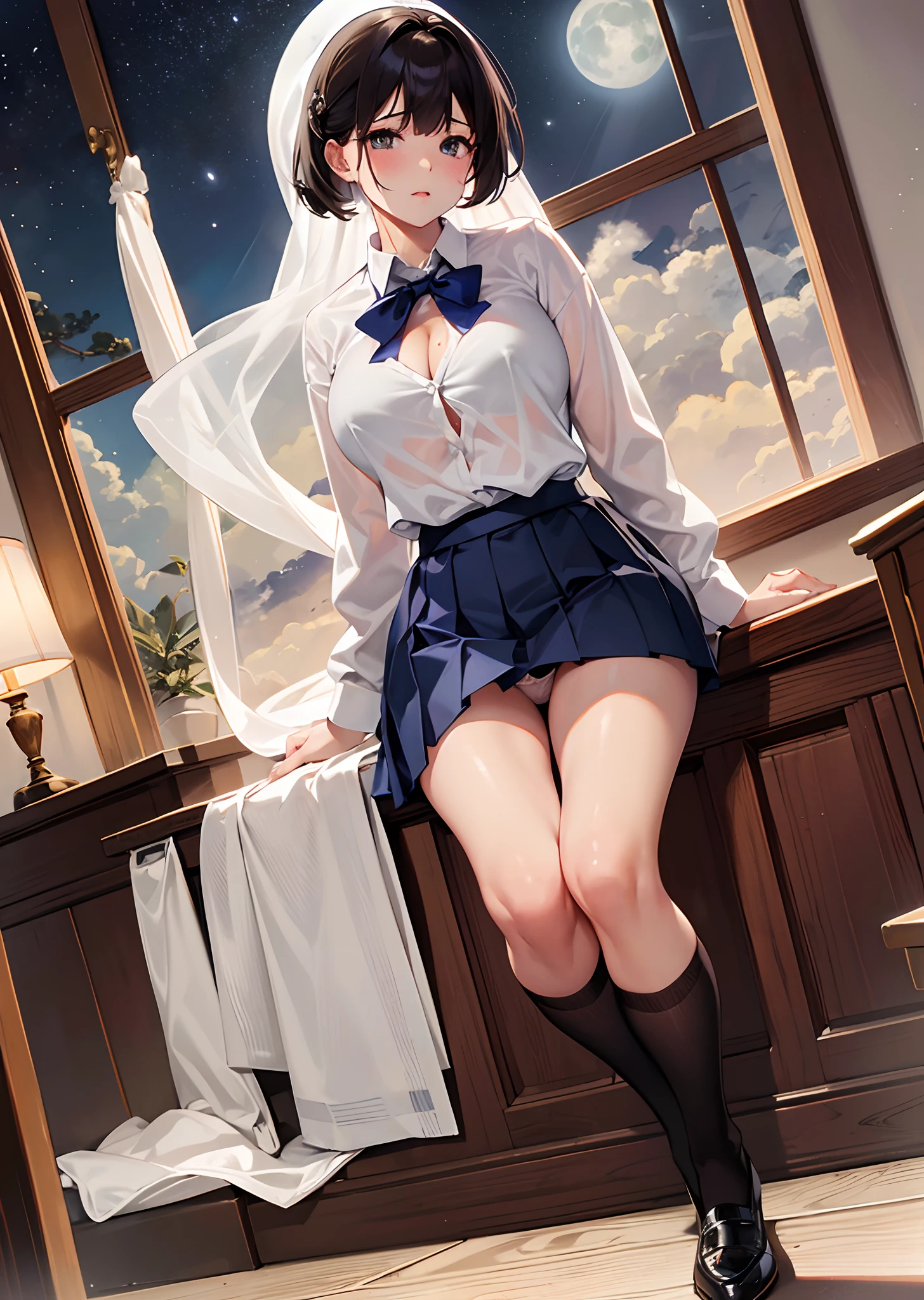 Classroom at evening、fullmoon、starrysky、Trio of girls stand side by side、Colossal tits、tits out、cleavage of the breast、no-bra、teats、White shirt、Green Pleated Mini Skirt、thighs thighs thighs thighs、White High Socks、Leather shoes、White panty、Emphasize、droolng、Massive amount of semen on the、Massive bukkake on、Massive amounts of on、Mass sweat、lascivious、Fornication、A dark-haired,Navy blue pleated skirt