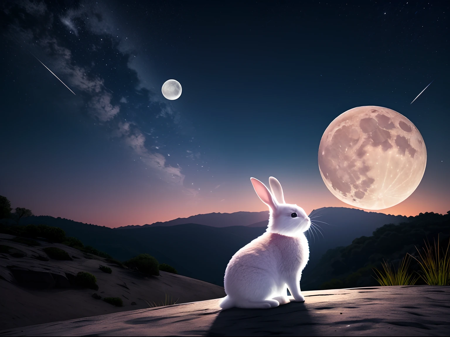 Cute rabbit，super high image quality，In the background is a huge moon，the night，4K Ultra HD, 超高分辨率, (Photorealistic: 1.4), Best quality，Masterpiece，（pastel colour：1.2)