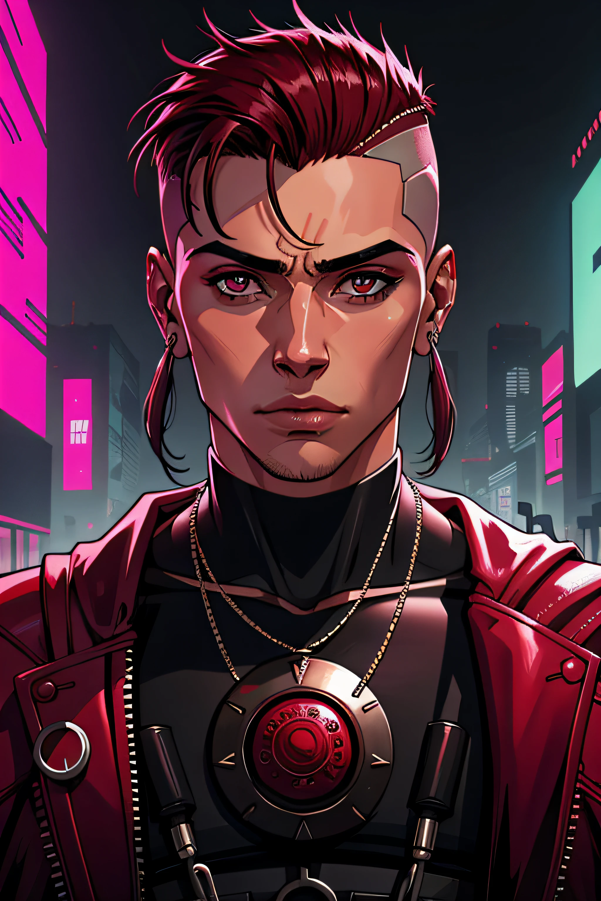 Joven moreno, ojos morados, peinado mohicano, cyberpunk