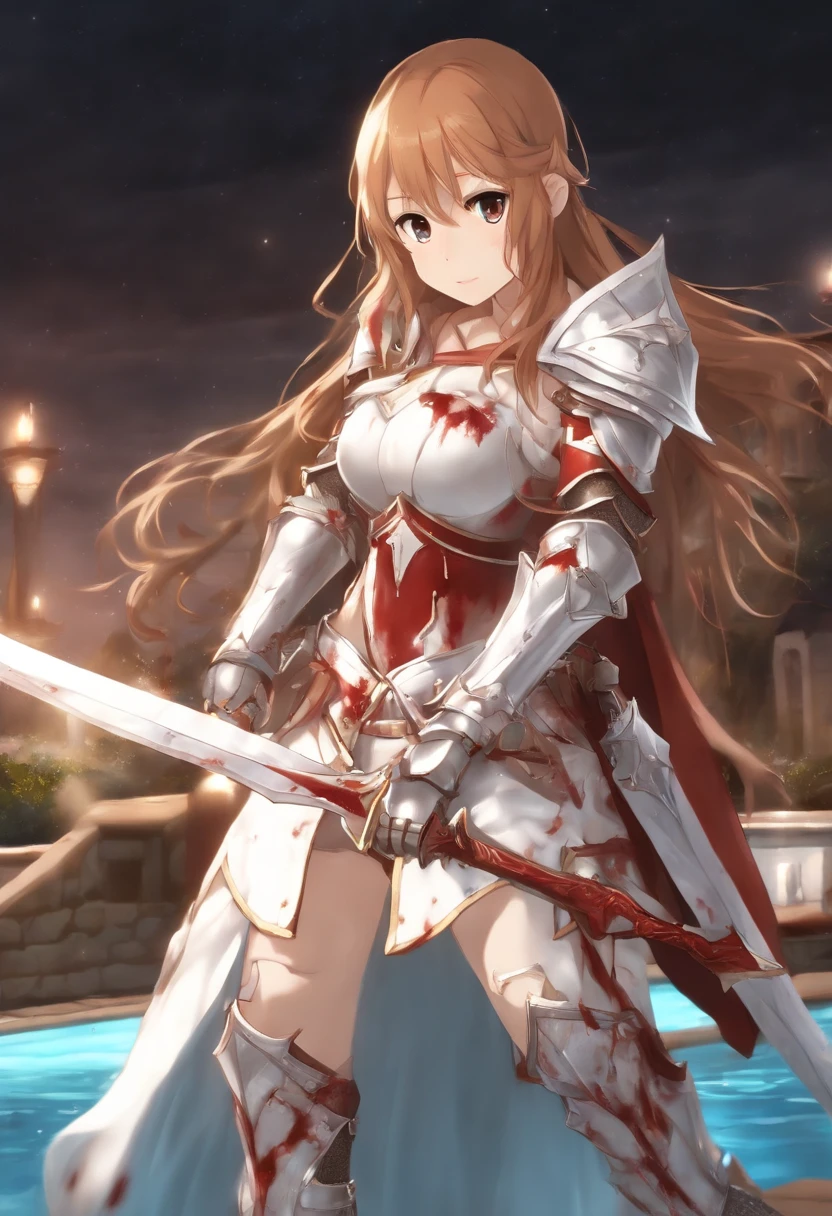 8K,(Asuna(star): 1.6),One Girl, alone,(Perfect Anatomy:1.43), (Medium Hair:1.55) ,(Half Up:1.45),bangs, Brown eyes,Beautiful Eyes,(Sad Smile:1.3),White knee socks,(Brown Hair:1.6),blood stained boots,(18-year-old:1.5),whole body,(A combination of blood-white silver full plate armor and a long blood-stained cloak.:1.63),(Bare shoulders:1.5),(mini skirt:1.26),(With a blood-stained rapier in hand:1.43),(A bloody battlefield on a moonlit night:1.52),Fantasy,(Blood Effect:1.53),throw,Eye level,(Cast a Shadow:1.21)