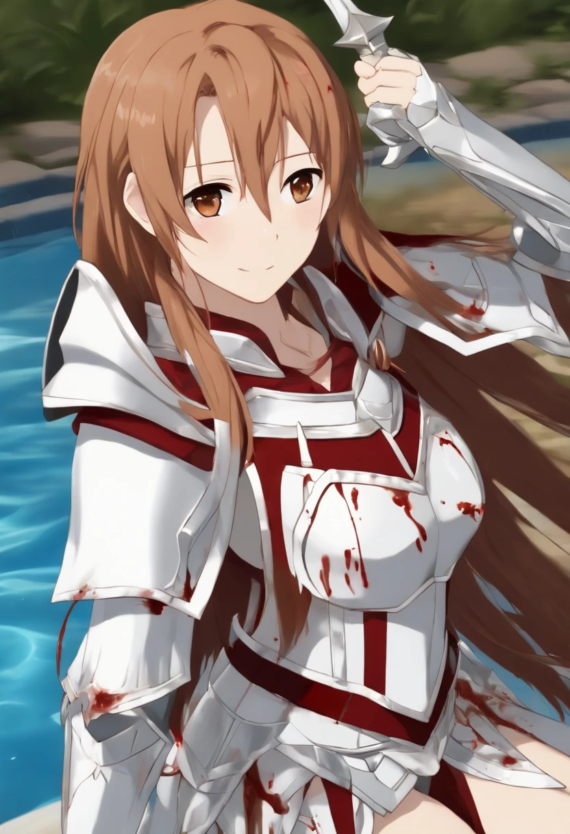 8k,(Asuna(estrela): 1.6),uma , sozinho,(anatomia perfeita:1.43), (medium hair:1.55) ,(metade para cima:1.45),franja, olhos castanhos,Olhos Finos,(sorriso triste:1.3),coxas brancas,(brown hair:1.6),Botas encharcadas de sangue,(18 anos:1.5),corpo inteiro,(fusion of plate armor filled with bloody white silver and long blood-soaked cape:1.63),(bareshoulders:1.5),(mini saia:1.26),(segurando uma rapina ensopada de sangue:1.43),(Standing on the battlefield of the pool of night blood in the moonlight:1.52),fantasia,(blood effect:1.53),Pov,eye level view,(sombra projetada:1.21)