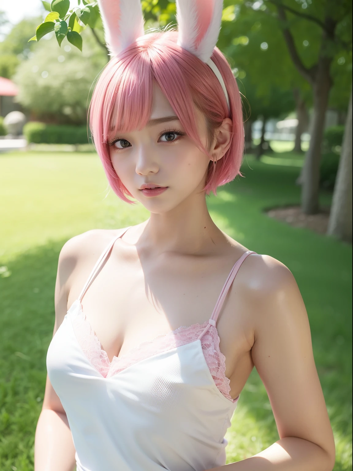 hula、Aloha Costume Pink Short Hair,(8K, top-quality, masterpiece:1.2), (realisitic, Photorealsitic:1.37), ultra-detailliert, 1 girl in, Whole body esbifa layer、cute little、独奏、Beautiful detailed night sky、tiny chest、small tits、(short-hair:1.2)、Floating Hair NovaFrogStyle、masuter piece、Pink Shortcut Bob、Realistic rabbit ears、Pink realistic rabbit ears、Realistic ears of rabbits sticking out of the head、Pink hair、Beautiful girl in her 20s、Bewitching atmosphere、Beautiful shaped hands、K-POP、Pink rabbit ears、1 girl in、独奏、masterpiece、top-quality、realisitic、Hyper-detailing、(Glossy skin:1.4)、absurderes、short pink hair、Slender beauties、动态照明、hight resolution、foco nítido、depth of fields、(thick thight:1.0)、A slender :1.2,((Short-cut bob hair))、((k pop:1.3)),Highly detailed facial and skin texture、((魅惑的)),Anatomically correct number of fingers,Correct anatomy