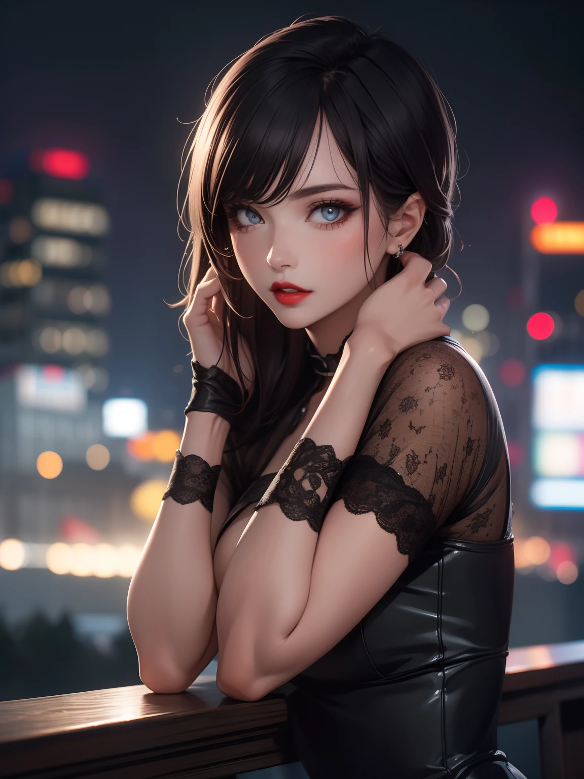 (Cinematic Digital Artwork: 1.3), High quality, masutepiece, of the highest quality, Super Detail, Illustration, [4K Digital Art]、(Moody lighting:1.2), depth of fields, Bokeh, 4K, nffsw. by Masterpiece, Best Quality, Night, Solo, (Police Uniform, policewoman), Stockings with large garter mesh, City lights, (gaze at the audience: 1.3), Lips apart, Red lips, Shiny skin, dent in the skin, Best Quality, Ultra High Resolution, (Realism: 1.4),