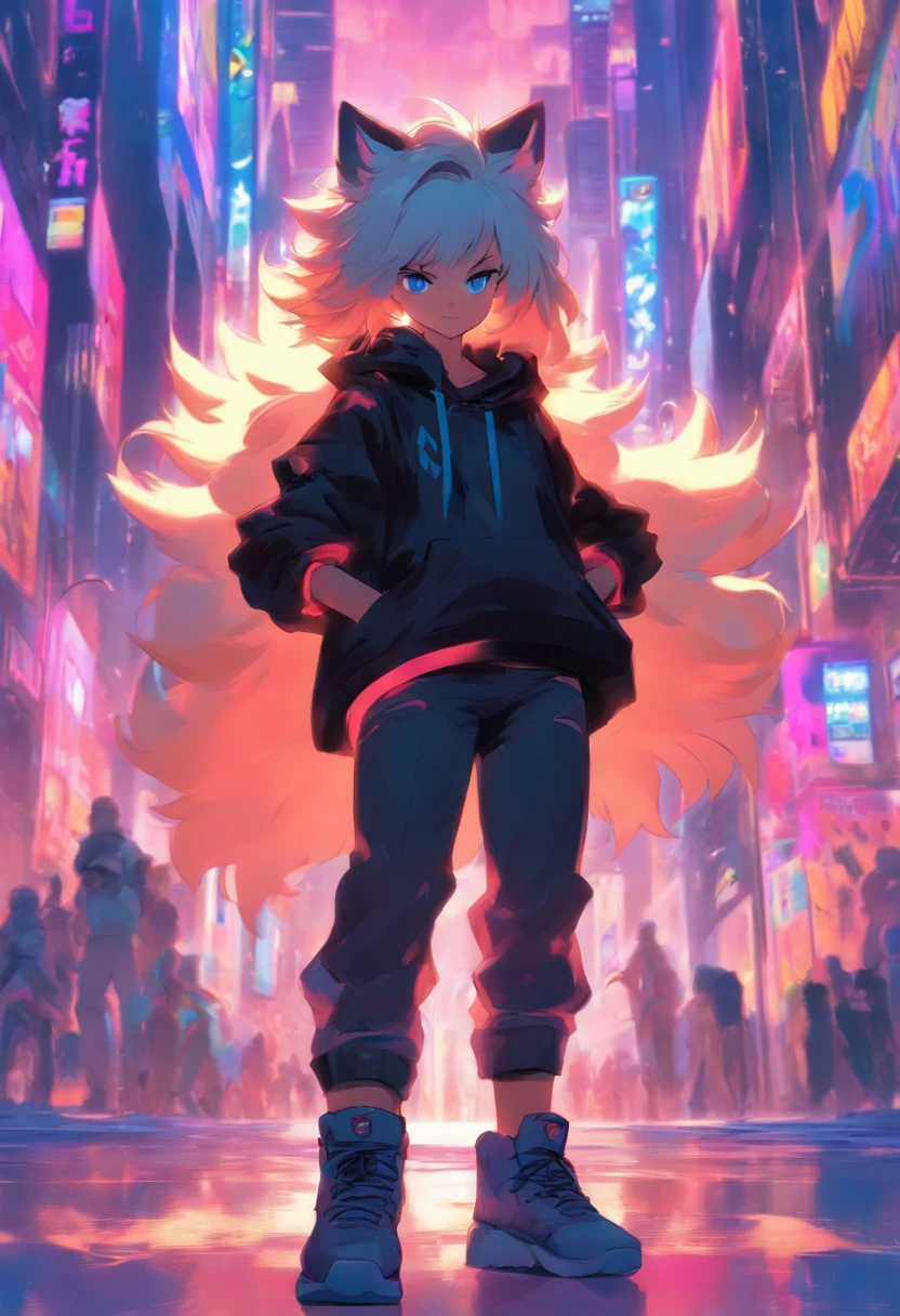 Single boy, Anime Femboy, Short, Long white hair, wolf ears, wolf tail, blue eyes, black combat boots, flat chest, super flat chest, solo femboy, only one femboy ((FLAT CHEST)), wide hips, thicc thighs, happy, crotch bulge (CROTCH BULGE), yoga leggings, wearing cropped black hoodie, solo, alone