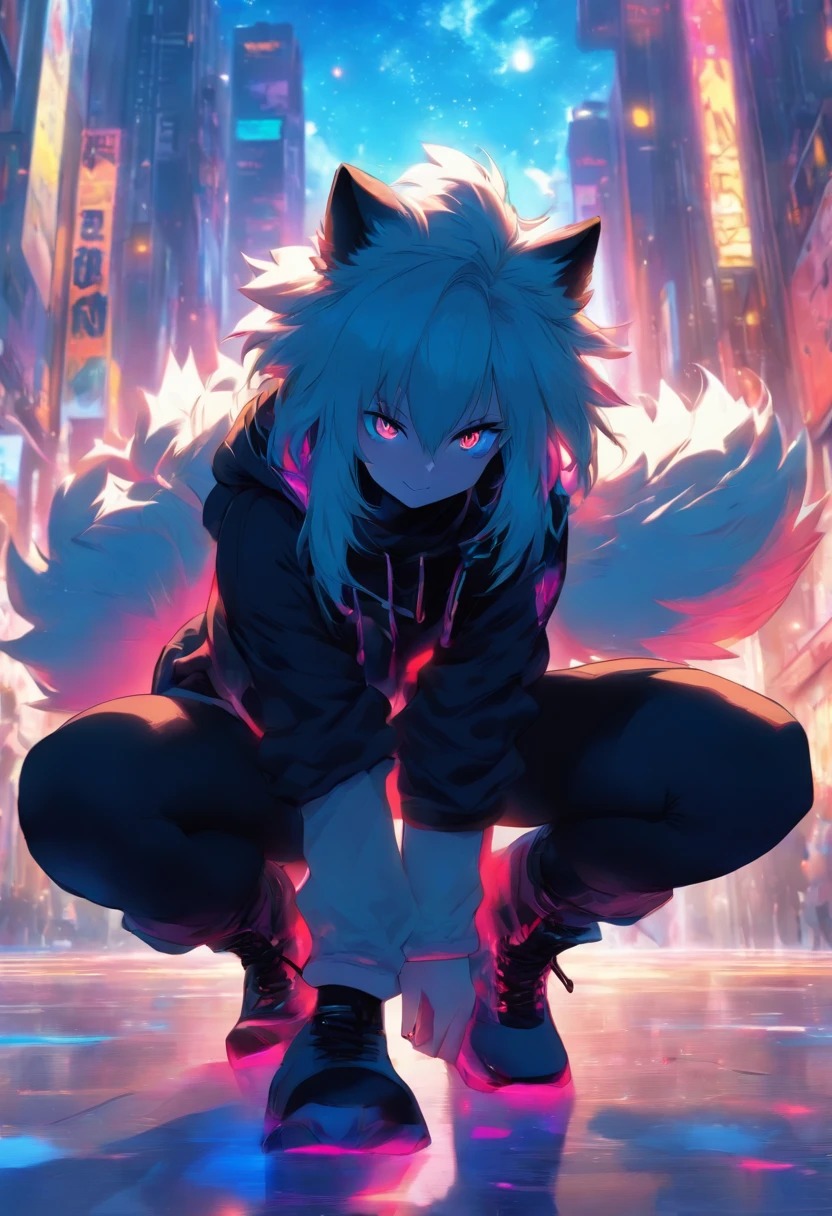 Single boy, Anime Femboy, Short, Long white hair, wolf ears, wolf tail, blue eyes, black combat boots, flat chest, super flat chest, solo femboy, only one femboy ((FLAT CHEST)), wide hips, thicc thighs, happy, crotch bulge (CROTCH BULGE), yoga leggings, wearing cropped black hoodie, solo, alone
