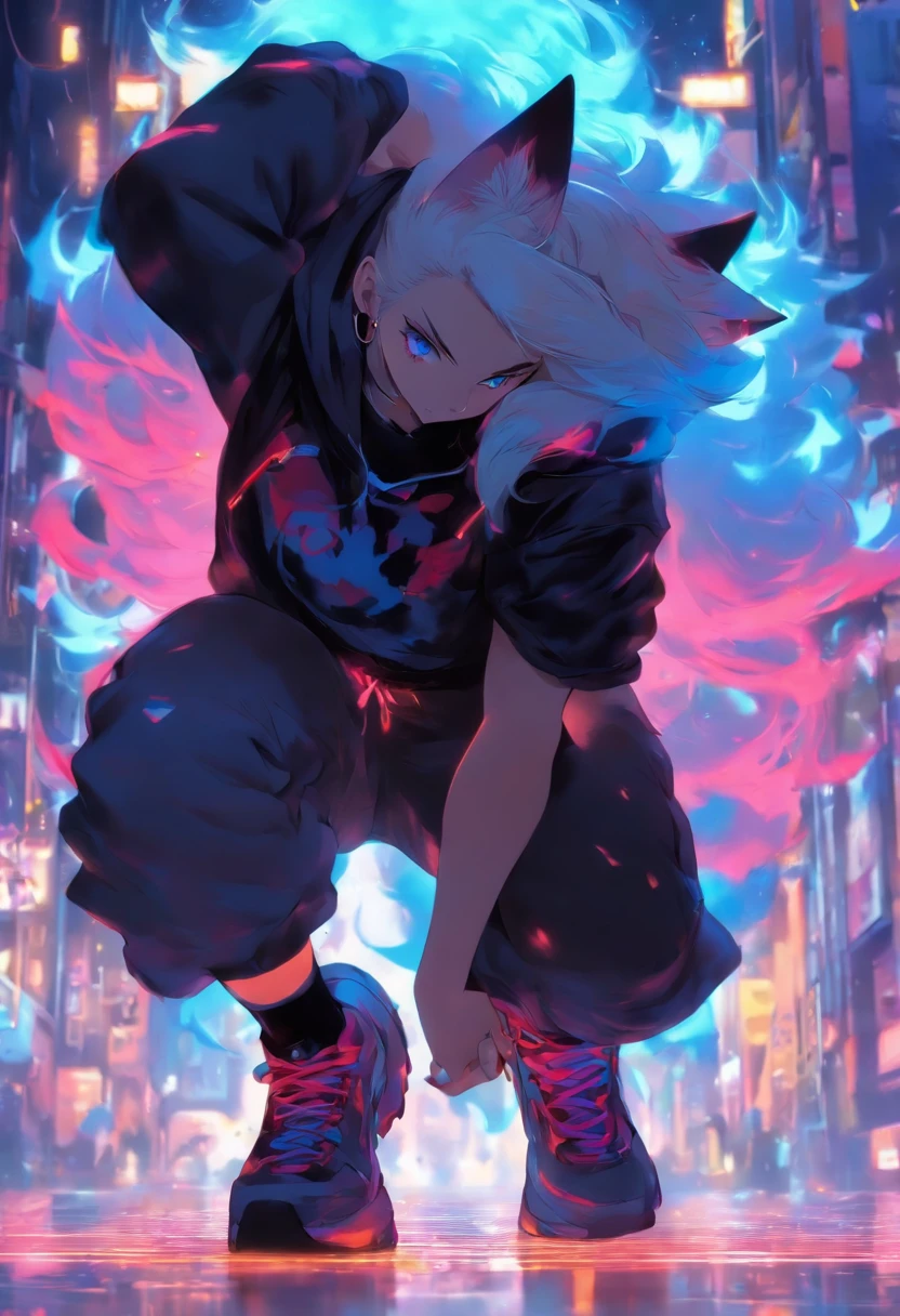 Single boy, Anime Femboy, Short, Long white hair, wolf ears, wolf tail, blue eyes, black combat boots, flat chest, super flat chest, solo femboy, only one femboy ((FLAT CHEST)), wide hips, thicc thighs, happy, crotch bulge (CROTCH BULGE), yoga leggings, wearing cropped black hoodie, solo, alone