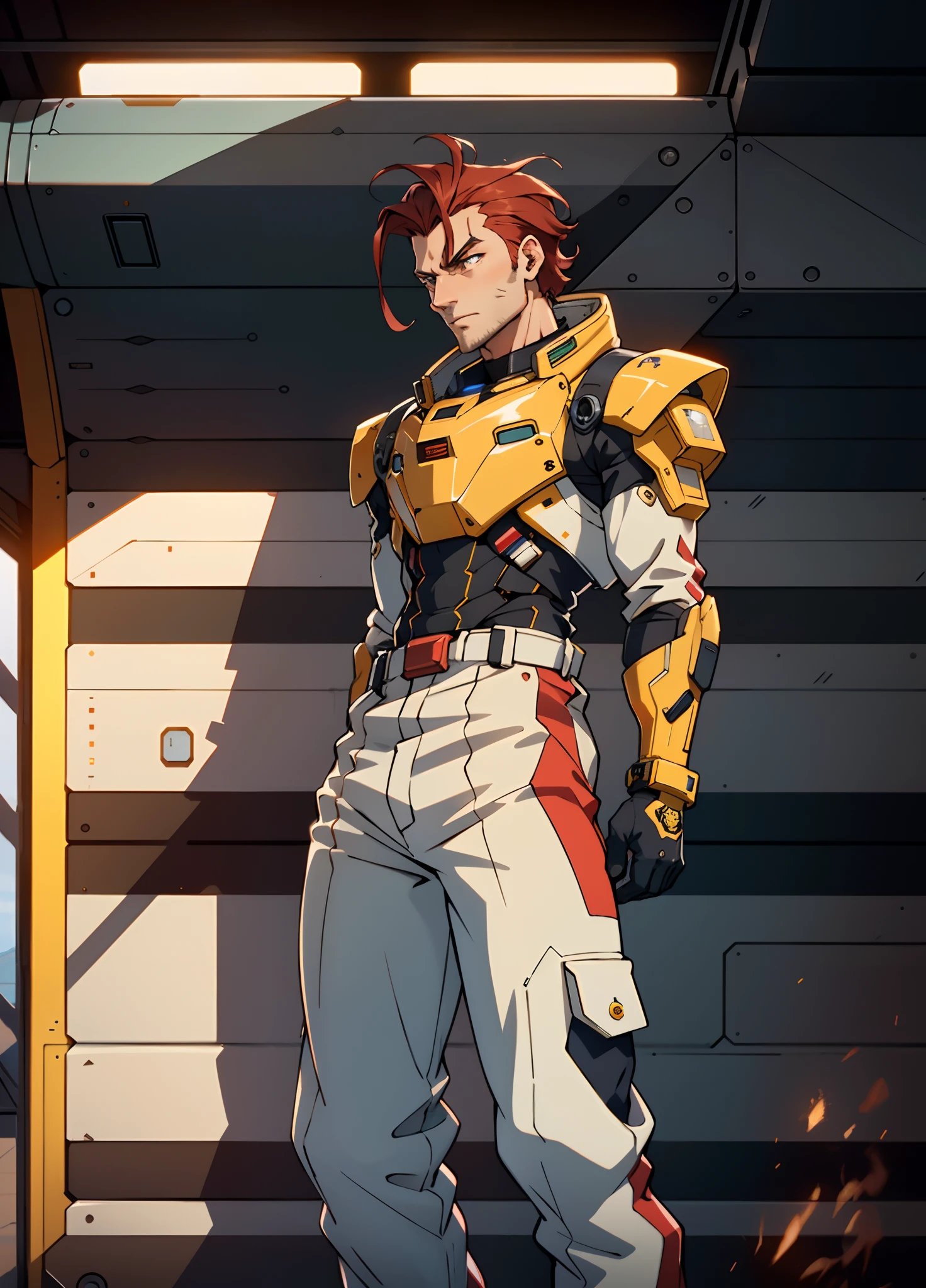 A man with short red-gold hair, hair slicked back, thick and disheveled hair, a cold and ruthless gaze, a confident expression, wears a two-piece futuristic military-style uniform, primarily in shades of white and red, accented by touches of yellow, streamlined wristguard gloves, matching trousers, he stands in a futuristic sci-fi-style hangar housing a colossal mech, stands within a futuristic sci-fi hangar, where a colossal mech is stationed, this character embodies a finely crafted futuristic military officer in anime style, characterized by an exquisite and mature manga illustration art style, high definition, best quality, highres, ultra-detailed, ultra-fine painting, extremely delicate, professional, anatomically correct, symmetrical face, extremely detailed eyes and face, high quality eyes, creativity, RAW photo, UHD, 8k, Natural light, cinematic lighting, masterpiece:1.5