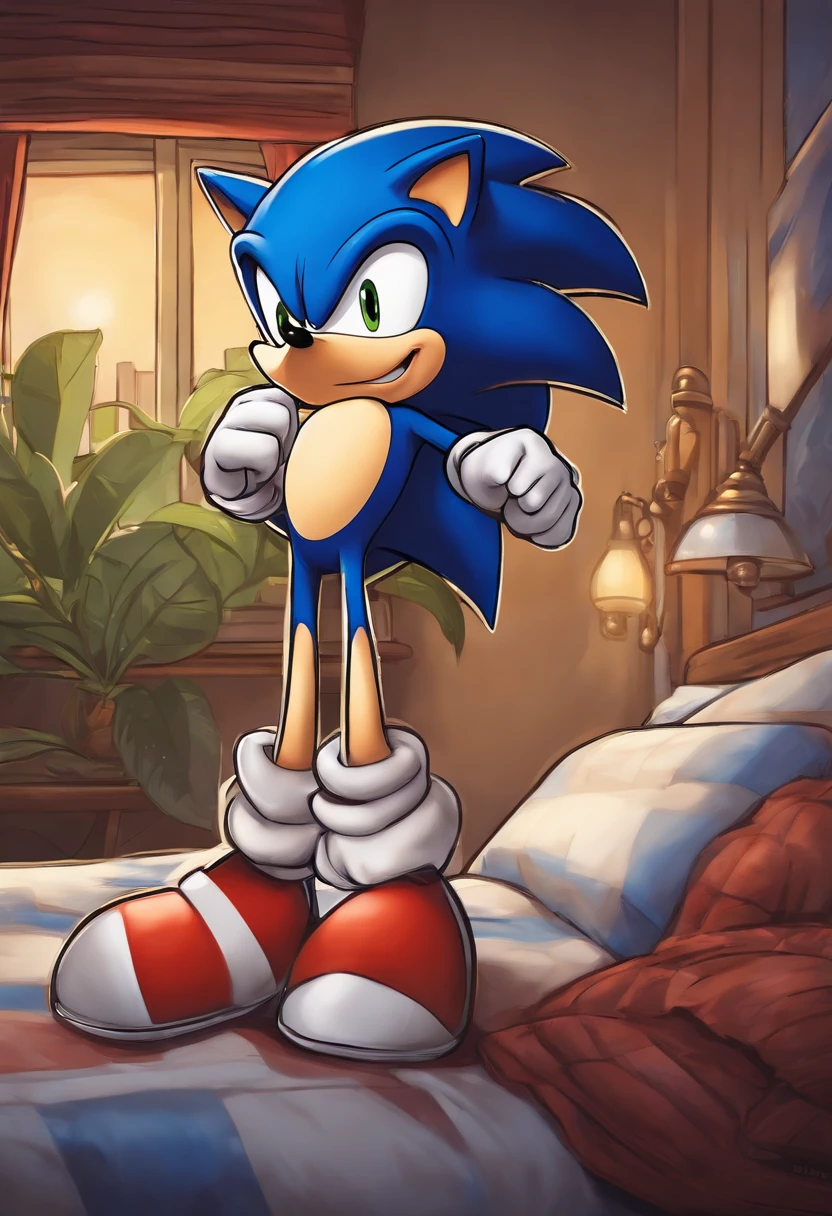 Male buff sonic the hedgehog in the bedroom