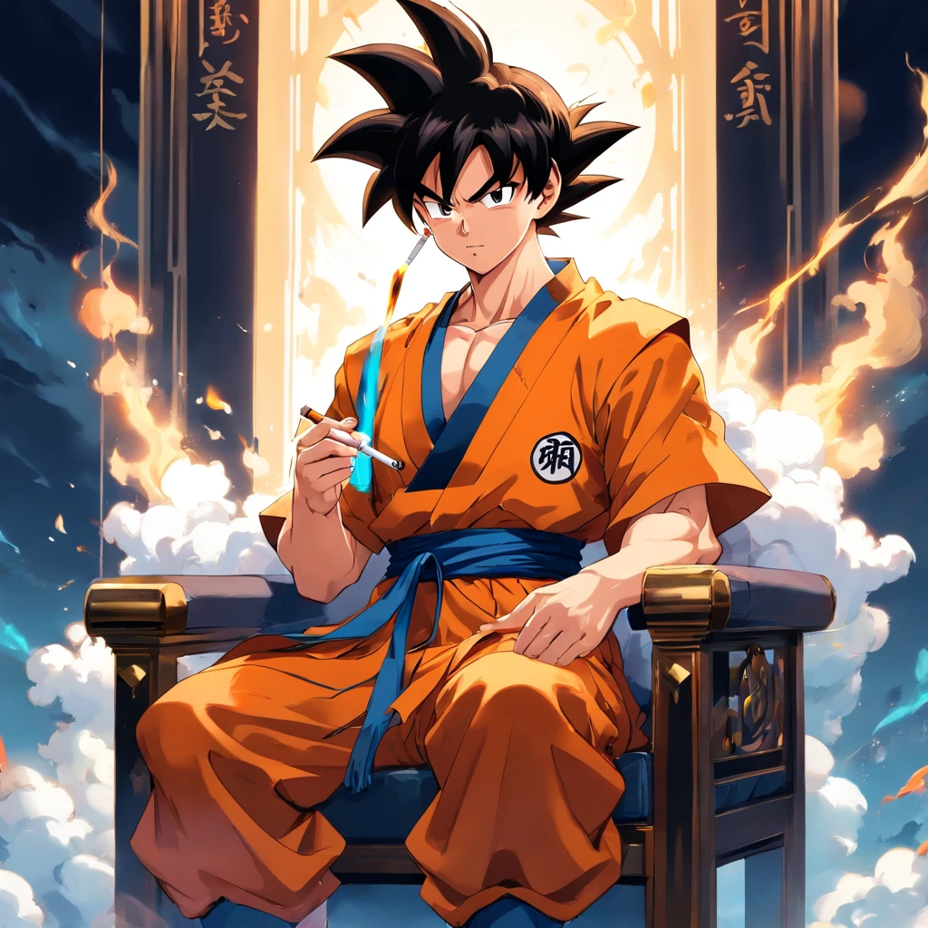 Goku usando um terno social preto, sitting on a royal throne with a cigarette in his hand, serious look, expression serious, incredible details, nuvens amarelas ao fundo