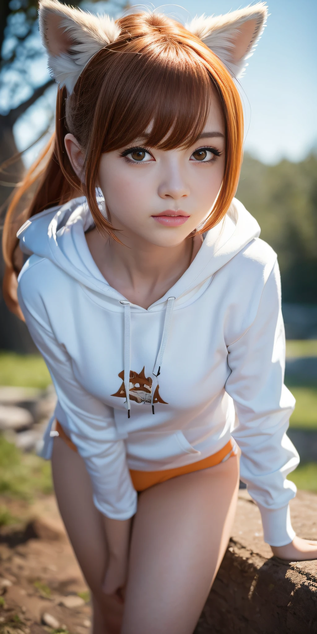 volumetric lighting, Best shadows, Portrait of an incredibly beautiful girl, small, Delicate beautiful symmetrical face with attractive yellow eyes, slim build, medium chest, Short orange hair, thin waist, Standing, Short tight blue lycras, ( Top Quality, Amazing Details:1.25), (Only:1.3), Bright Color Paintings, Back Solar Lighting,Anime Character with Fox Tail, A Beautiful Fox Lady, A Beautiful Kitsune Woman, Portrait, Cow Footprint, Hoodie white hoodie, cow print hoodie