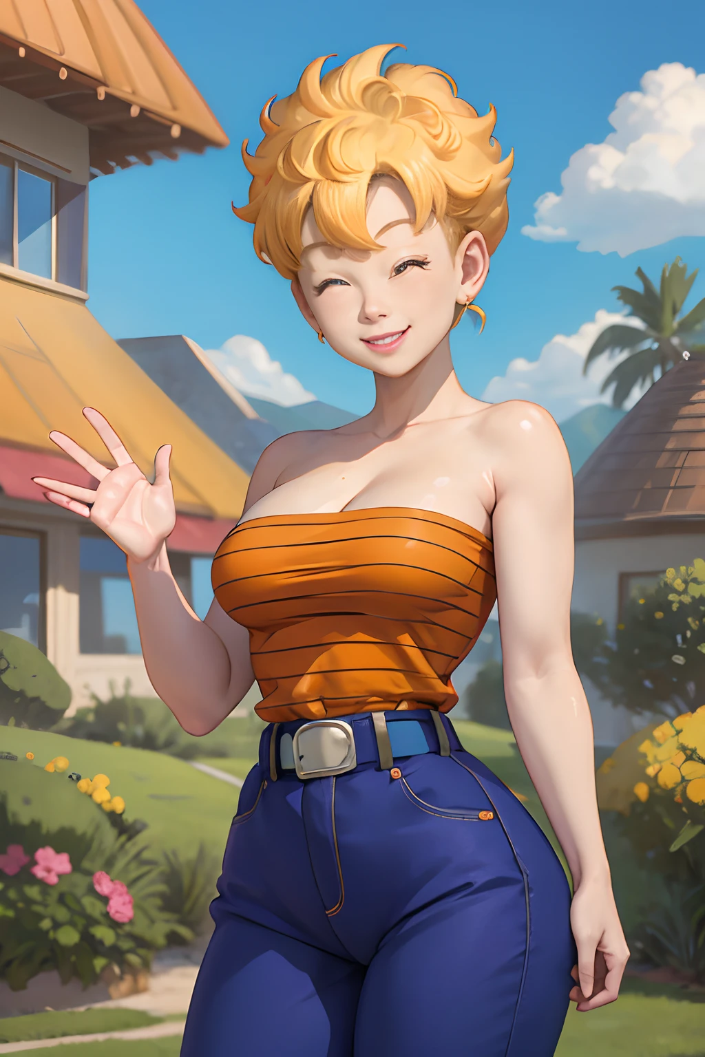 masterpiece, best quality, panchy, orange shirt, strapless, belt, blue pants, closed eyes, happy, smile, closed mouth, large breasts, waving with right hand