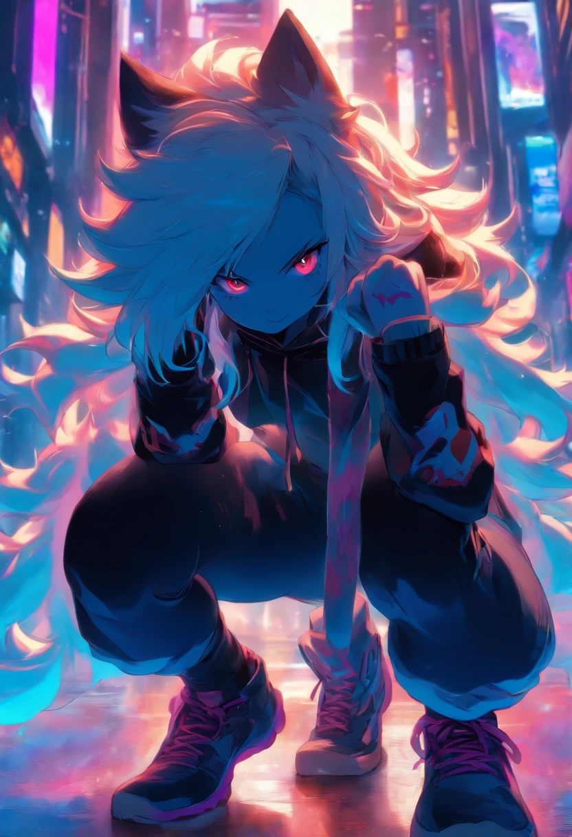 Single boy, Anime Femboy, Short, Long white hair, wolf ears, wolf tail, blue eyes, black combat boots, flat chest, super flat chest, solo femboy, only one femboy ((FLAT CHEST)), wide hips, thicc thighs, happy, crotch bulge (CROTCH BULGE), yoga leggings, wearing cropped black hoodie, solo, alone