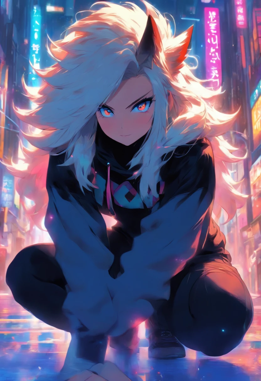 Single boy, Anime Femboy, Short, Long white hair, wolf ears, wolf tail, blue eyes, black combat boots, flat chest, super flat chest, solo femboy, only one femboy ((FLAT CHEST)), wide hips, thicc thighs, happy, crotch bulge (CROTCH BULGE), yoga leggings, wearing cropped black hoodie, solo, alone