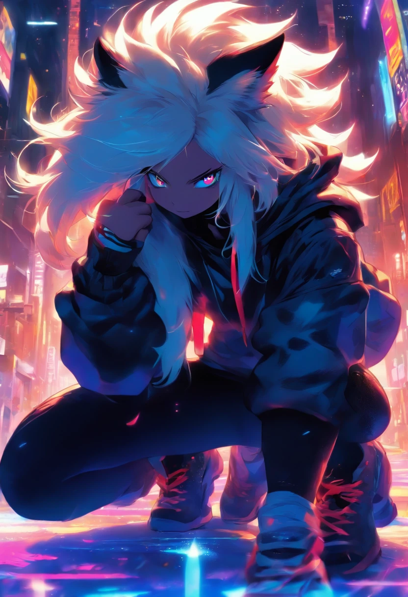 Single boy, Anime Femboy, Short, Long white hair, wolf ears, wolf tail, blue eyes, black combat boots, flat chest, super flat chest, solo femboy, only one femboy ((FLAT CHEST)), wide hips, thicc thighs, happy, crotch bulge (CROTCH BULGE), yoga leggings, wearing cropped black hoodie, solo, alone