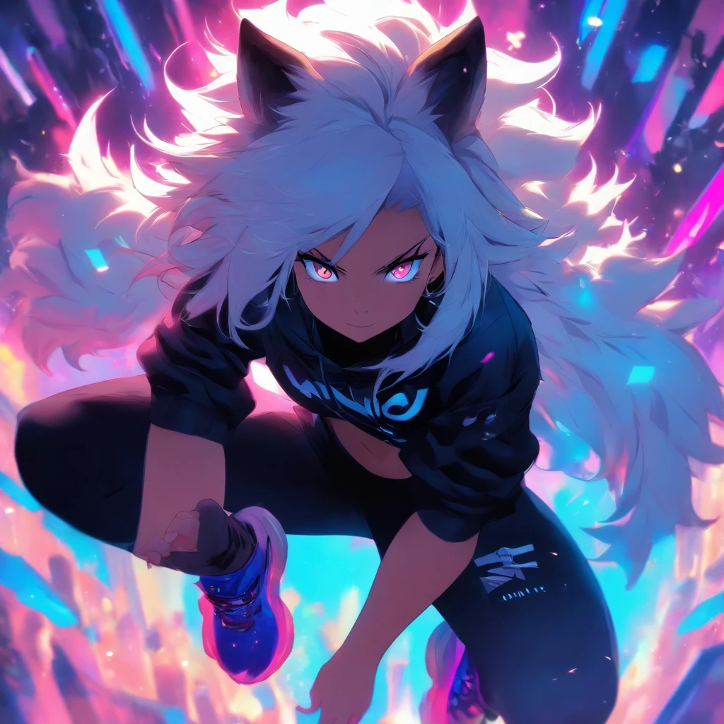 Single boy, Anime Femboy, Short, Long white hair, wolf ears, wolf tail, blue eyes, black combat boots, flat chest, super flat chest, solo femboy, only one femboy ((FLAT CHEST)), wide hips, thicc thighs, happy, crotch bulge (CROTCH BULGE), yoga leggings, wearing cropped black hoodie, solo, alone