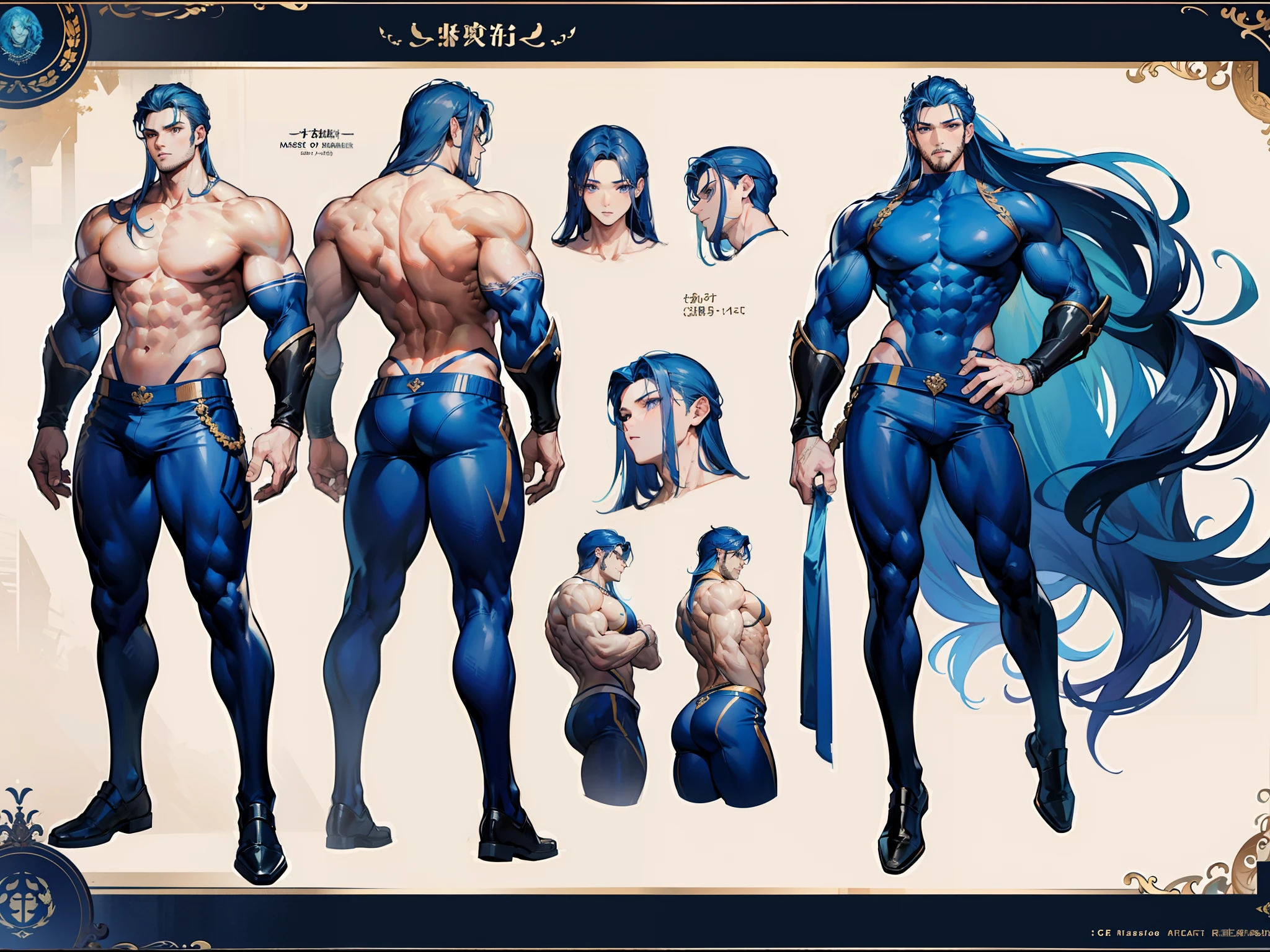 ((Masterpiece, Highest quality)), Detailed face, character design sheet， full bodyesbian, Full of details, frontal body view, back body view, Highly detailed, Depth, Many parts, Muscle boy with long blue hair，handsome man, muscle body, navy, commander, man tall, pectoral muscles, abs