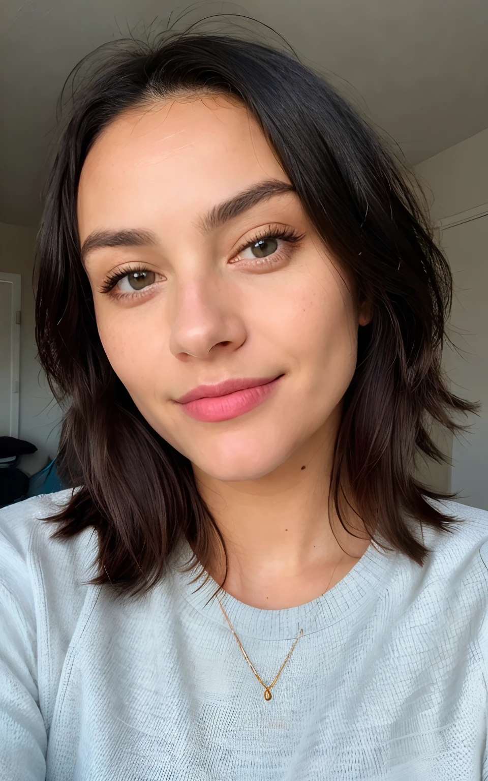 photorealistic, best quality, hyper detailed, beautiful woman, selfie photo, upper body, solo, wearing pullover, (cheerful, happy), sweater, analog style, looking at viewer, skin texture, film grain, close up, ultra high res, best shadow, RAW, instagram LUT, textured skin, (imperfect skin:1.1), visible skin detail, black hair, portrait, looking at the camera, symmetrical
