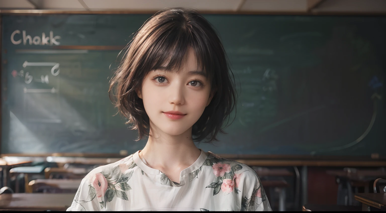 (((Black Shorthair:1.2))), (a 20 yo woman), (T-shirt design), (Floral clothing), (Breast bulge),((Being in a physics classroom)), (A hyper-realistic), (Relaxed), (Increased resolution), (8KUHD), (Extremely detailed), (Best Illustration), (Beautiful and detailed eyes), (Best Quality), (ultra-detailliert), (masutepiece ), ( Wallpaper), (Detailed face), Fine details, Deep Shadows, lowkey, Smiling, (Portrait of Einstein), (Portraits of many physicists), (Solving the chalkboard formula), Standing in front of the blackboard