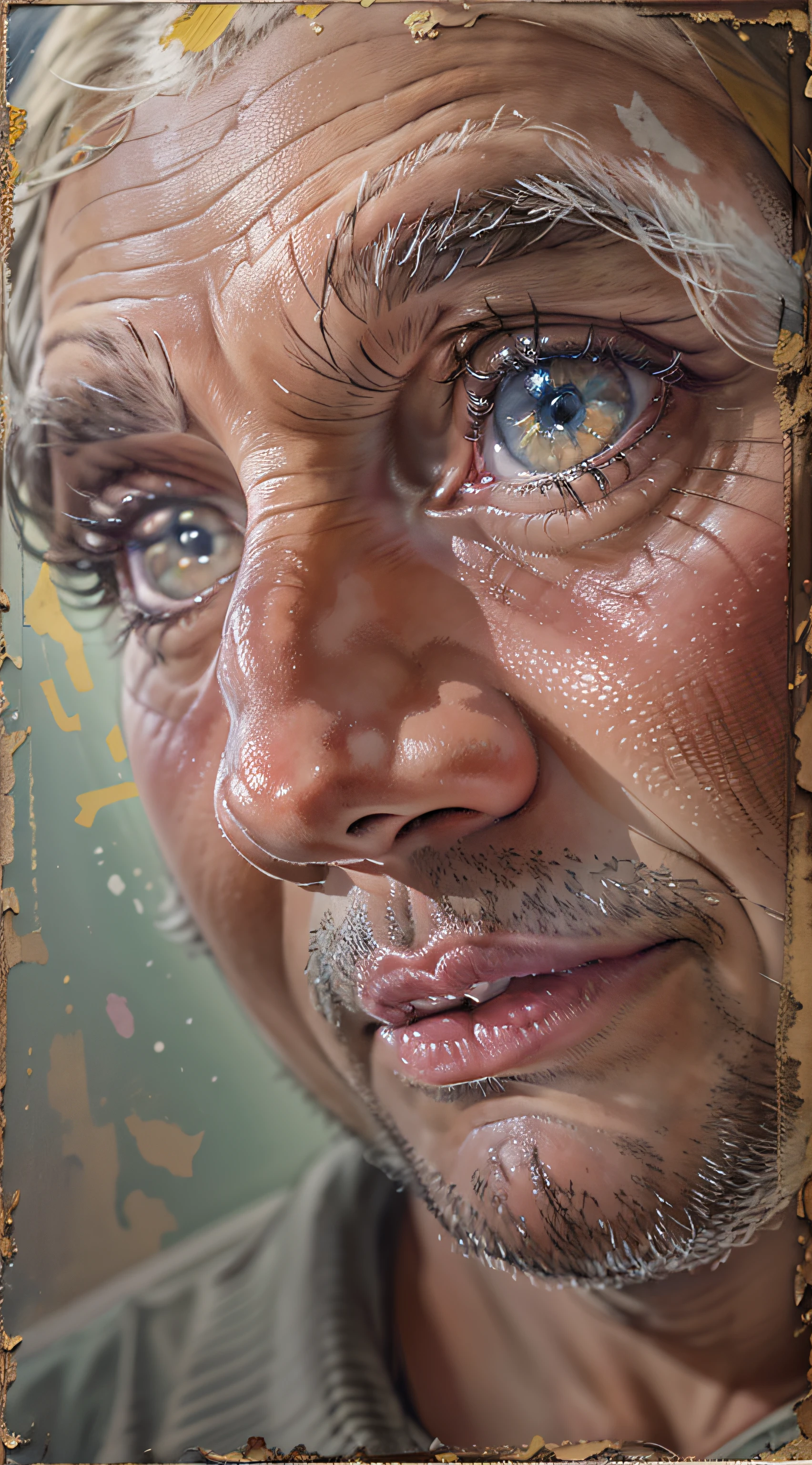 Homem, 50 anos, Pintura realista, pastel, Artista apaixonado, art-station, Smoothness in high definition, Cores vivas e quentes, luz natural suave, Lente macro para detalhes sutis, Perspectiva delicada