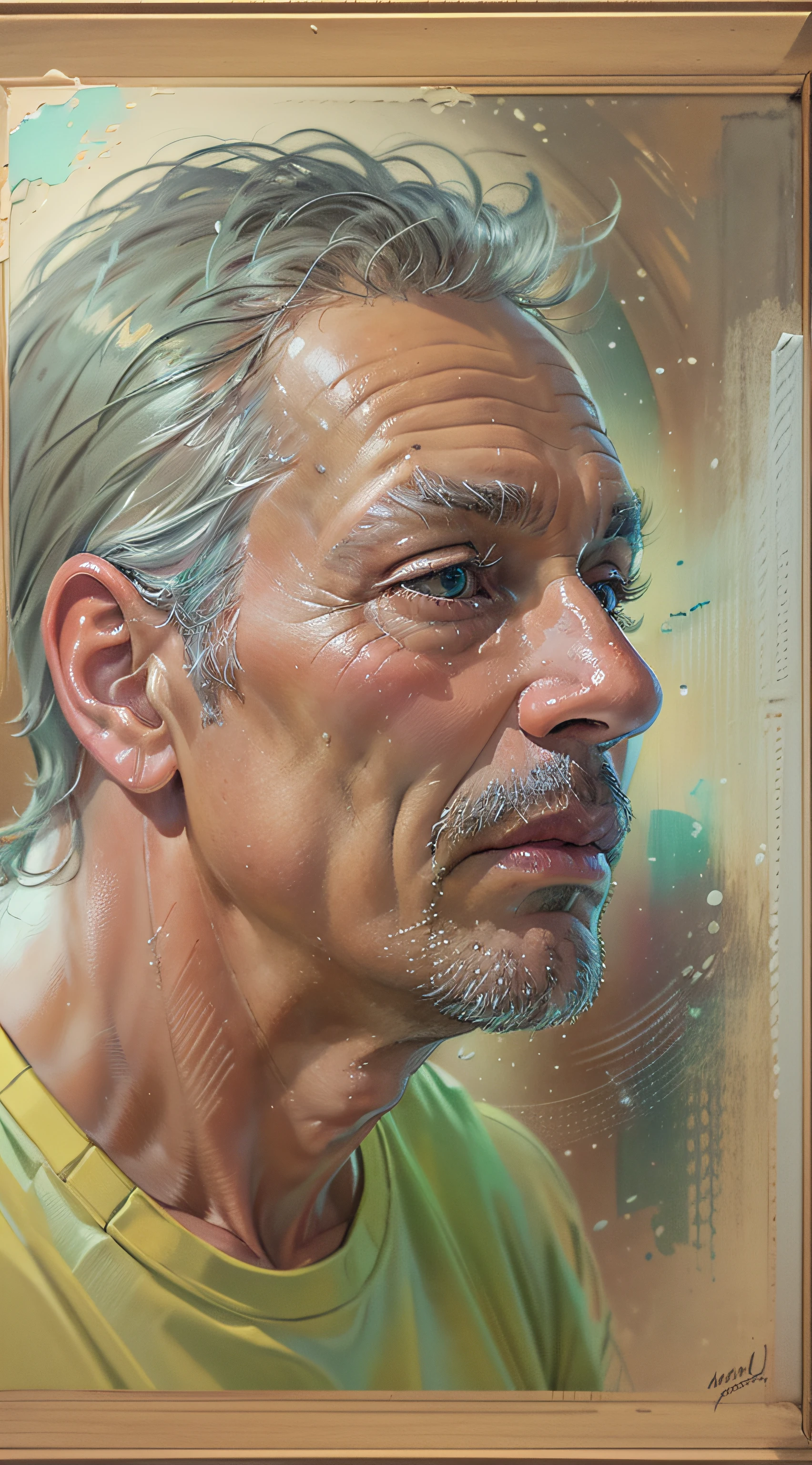 Homem, 50 anos, Pintura realista, pastel, Artista apaixonado, art-station, Smoothness in high definition, Cores vivas e quentes, luz natural suave, Lente macro para detalhes sutis, Perspectiva delicada