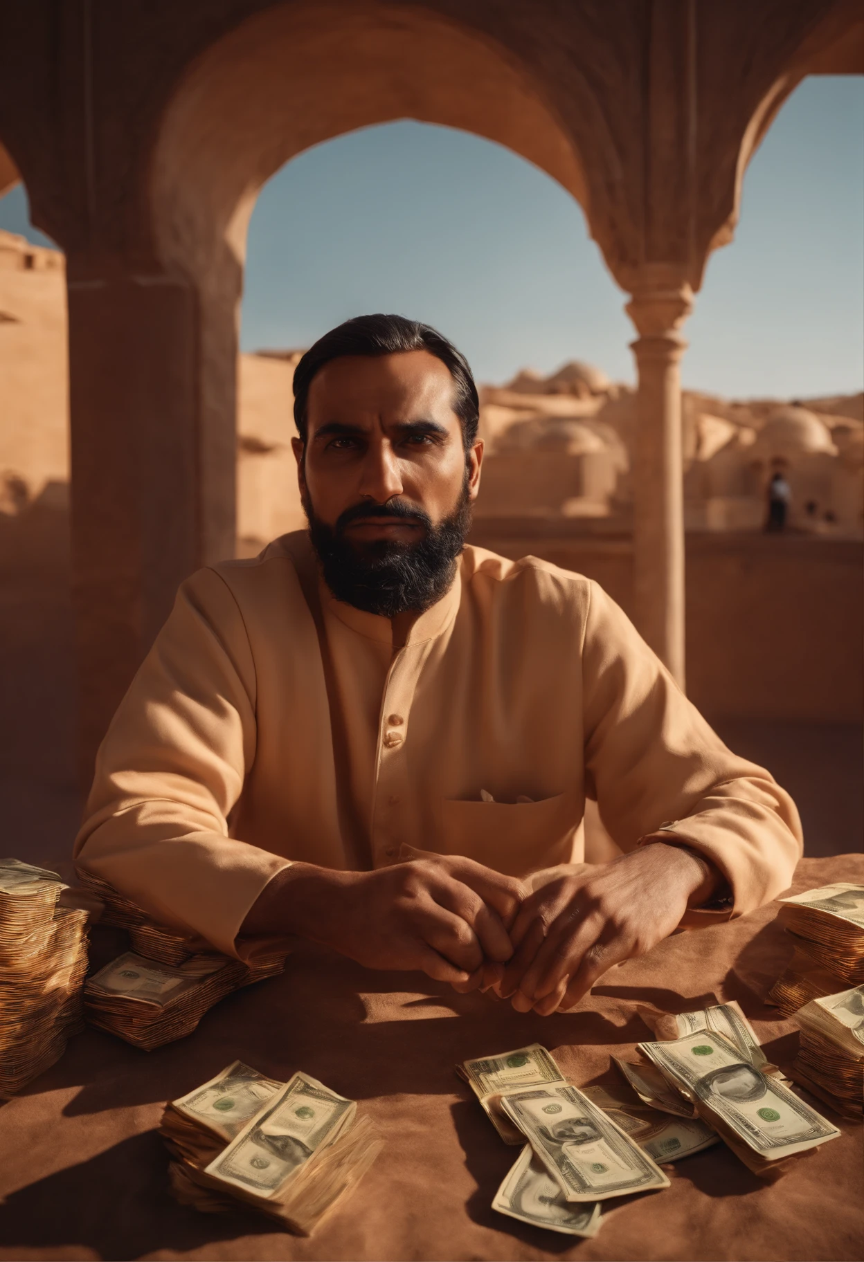 (an Arab man) + (with money in his hand) + (no deserto) + (sol) + Cinematic lighting, Unreal Engine 5, Cinematic, Color Grading, Editorial Photography, Photography, Photoshoot, Shot on 70mm lense, Depth of Field, DOF, Tilt Blur, Shutter Speed 1/1000, F/22, White Balance, 32k, Super-Resolution, Megapixel, ProPhoto RGB, VR, tall, epic, artgerm, alex ross, Halfrear Lighting, Backlight, Natural Lighting, Incandescent, Optical Fiber, Moody Lighting, Cinematic Lighting, Studio Lighting, Soft Lighting, Volumetric, Contre-Jour, dark Lighting, Accent Lighting, Global Illumination, Screen Space Global Illumination, Ray Tracing Global Illumination, Red Rim light, cool color grading 45%, Optics, Scattering, Glowing, Shadows, Rough, Shimmering, Ray Tracing Reflections, Lumen Reflections, Screen Space Reflections, Diffraction Grading, Chromatic Aberration, GB Displacement, Scan Lines, Ray Traced, Ray Tracing Ambient Occlusion, Anti-Aliasing, FKAA, TXAA, RTX, SSAO, Shaders, OpenGL-Shaders, GLSL-Shaders, Post Processing, Post-Production, Cel Shading, Tone Mapping, CGI, VFX, SFX, insanely detailed and intricate, hypermaximalist, elegant, hyper realistic, super detailed, dynamic pose, centered, photography --v 4
