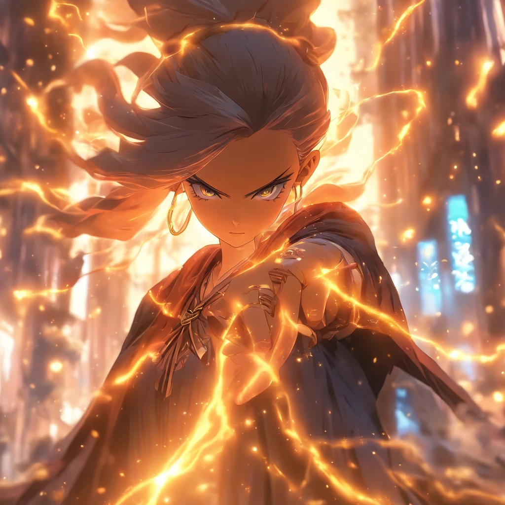 (fantasy,urban fantasy,heroine,witch),dramatic heroines,girl with magical powers,(best quality,4k,8k,highres,masterpiece:1.2),extremely detailed eyes and face,flowing dress,golden hour,cityscape,spellbinding atmosphere,vibrant colors,bokeh,street lights,distant skyscrapers,magic aura,candle-lit alleyways,mysterious fog,enchanted symbols,crystal ball,revealing hidden truths,protective amulets,glimmering spellbook,casting powerful spells,commanding elements,fire and lightning,conquering darkness,standing tall amidst chaos,confident posture,sorceress's staff,glowing runes,arcane glyphs,manifesting supernatural forces,mystical energy,sparkling sparks,mesmerizing incantations,magic-infused sky,explosive bursts of light and power,unleashing mystical creatures,defending the realm,unexpected allies,epic battles,conquering evil,fierce determination,inspiring hope,mesmerizing artistry